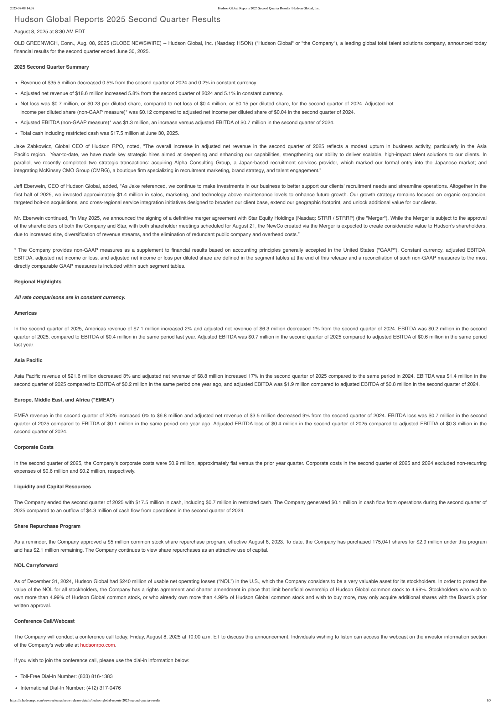 Hudson Global's Q2 2025 Press Release
