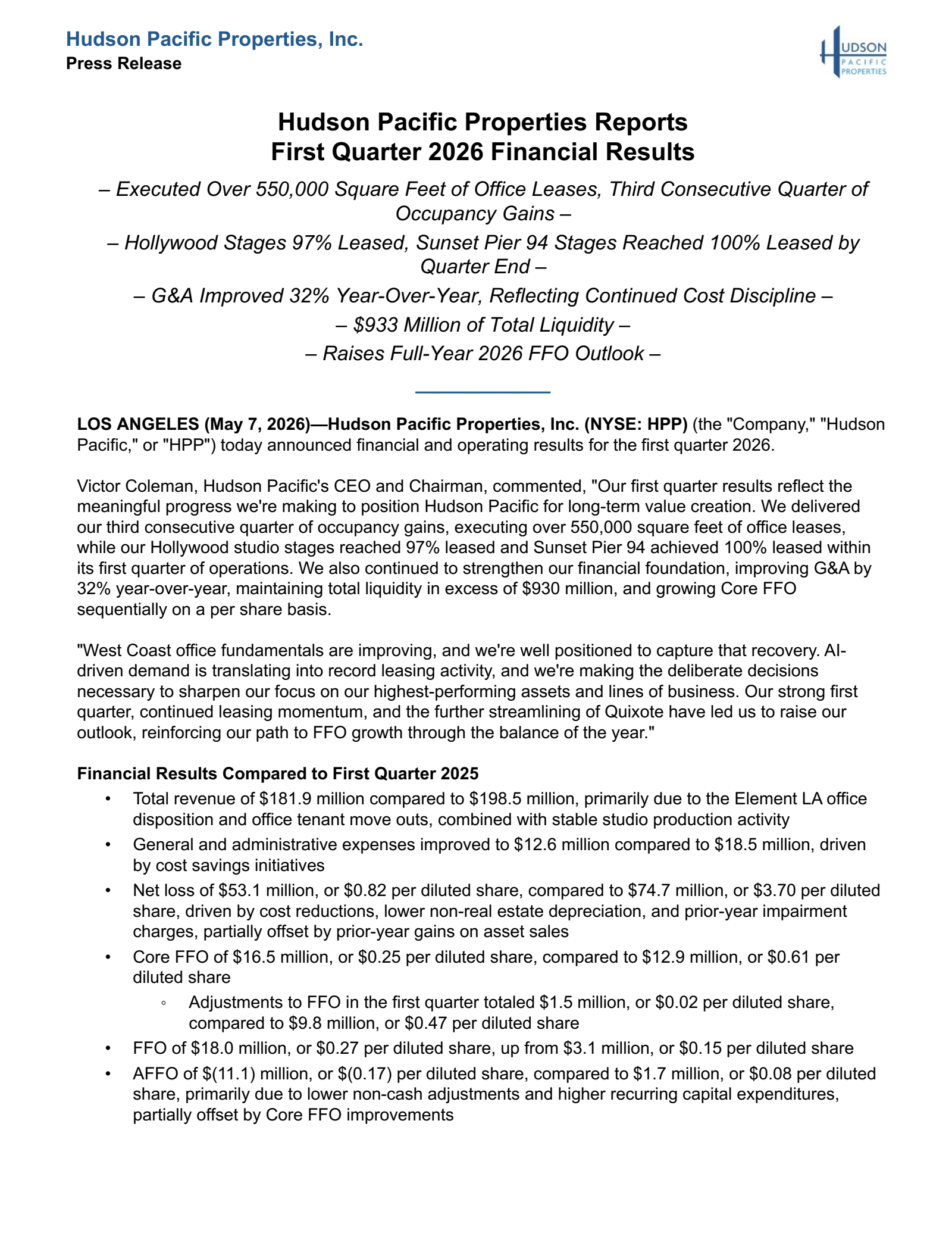 Hudson Pacific Properties' Q1 2026 Press Release