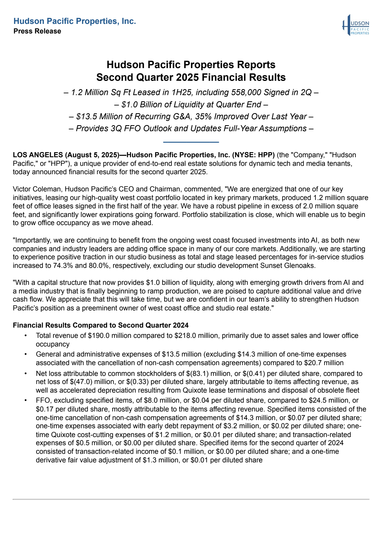 Hudson Pacific Properties' Q2 2025 Press Release