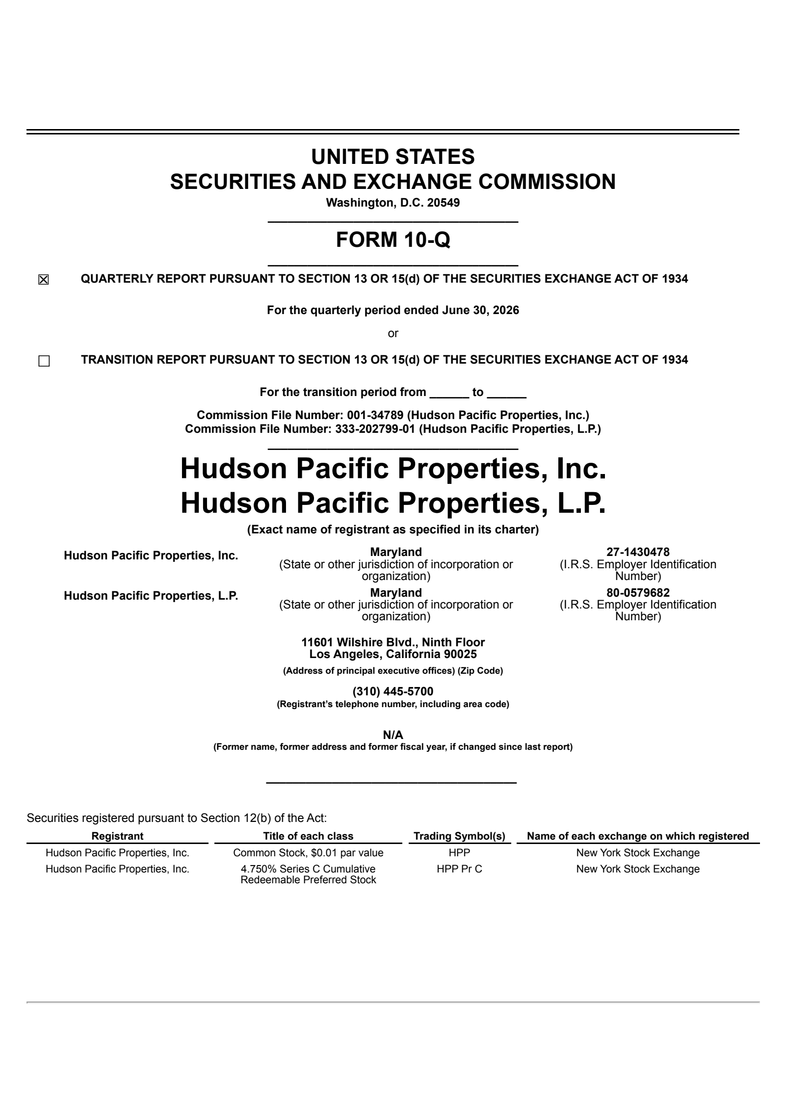 Hudson Pacific Properties' Q2 2026 Quarterly report