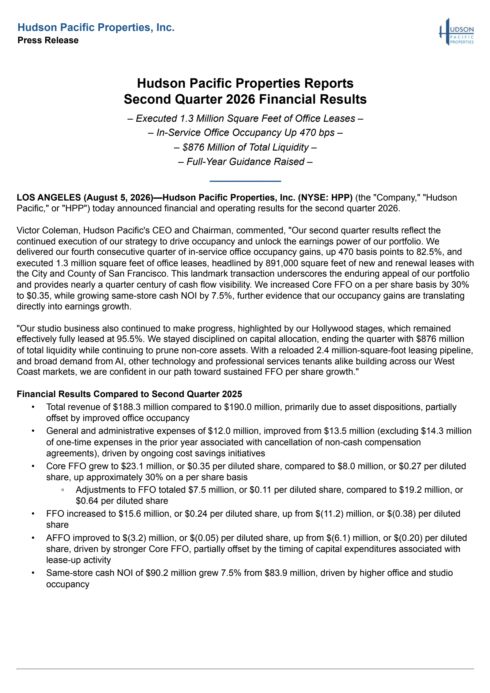 Hudson Pacific Properties' Q2 2026 Press Release