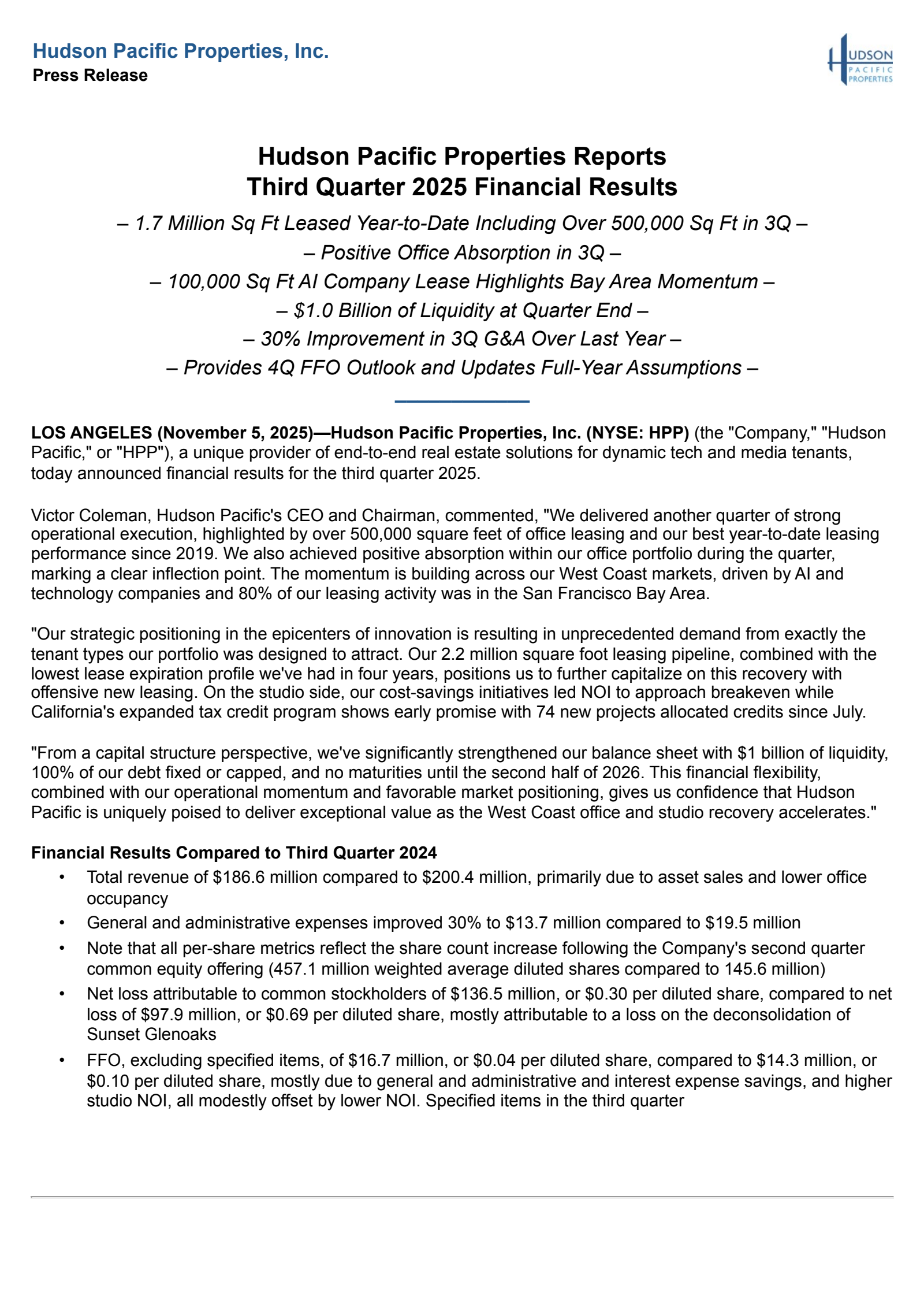 Hudson Pacific Properties' Q3 2025 Earnings Release