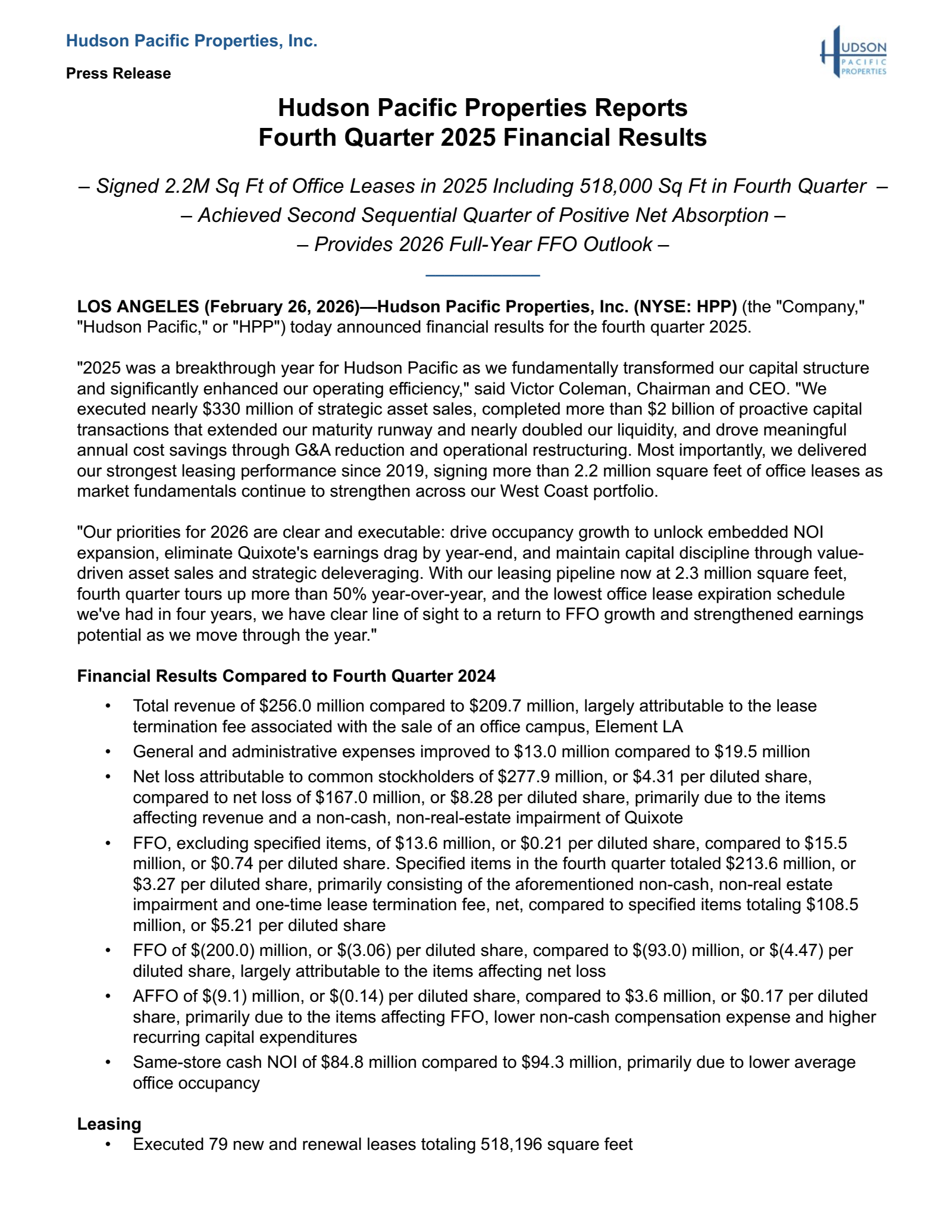 Hudson Pacific Properties' Q4 2025 Press Release