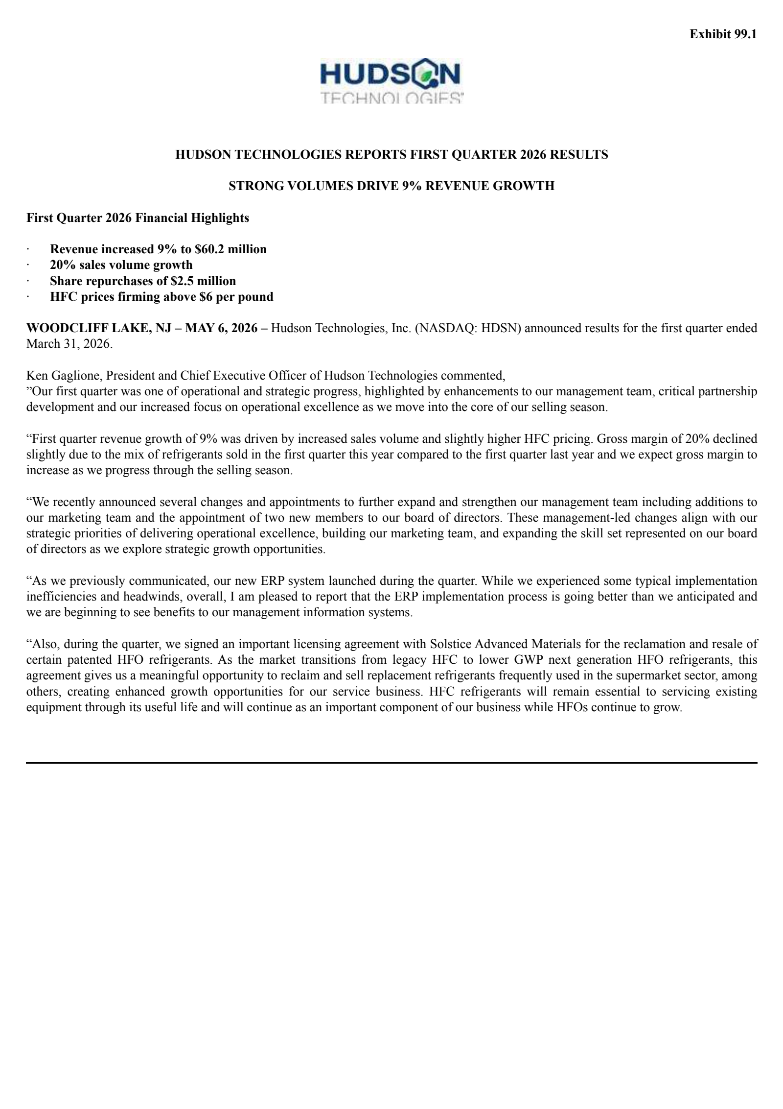 Hudson Technologies' Q1 2026 Press Release