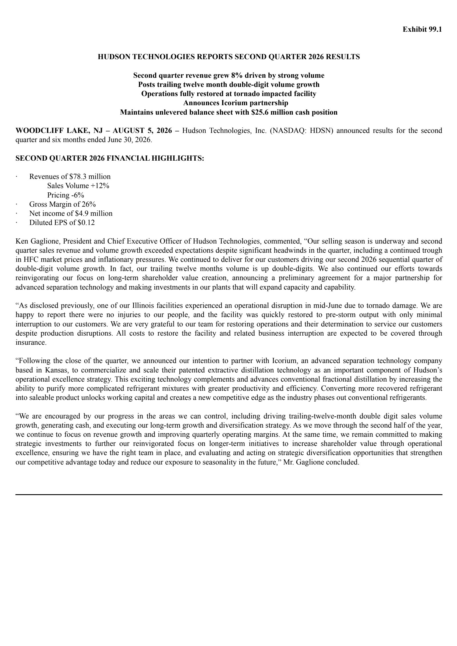 Hudson Technologies' Q2 2026 Press Release