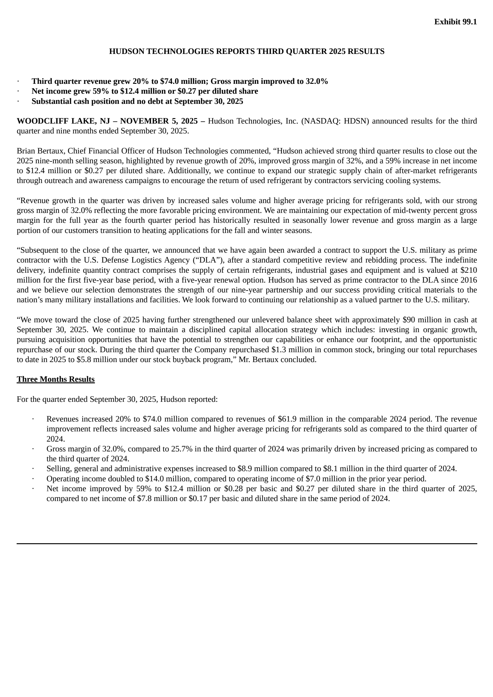 Hudson Technologies' Q3 2025 Earnings Release
