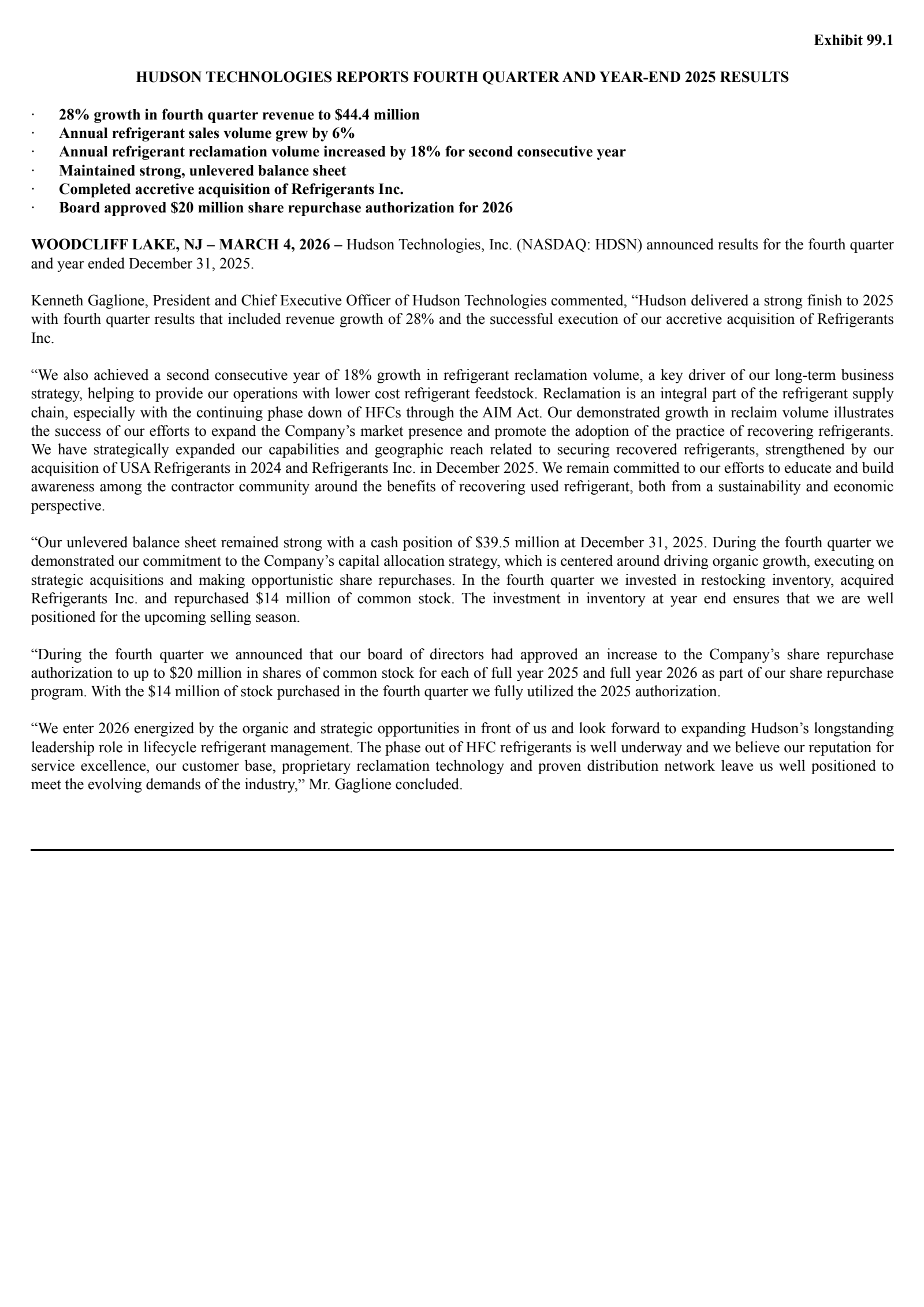 Hudson Technologies' Q4 2025 Press Release
