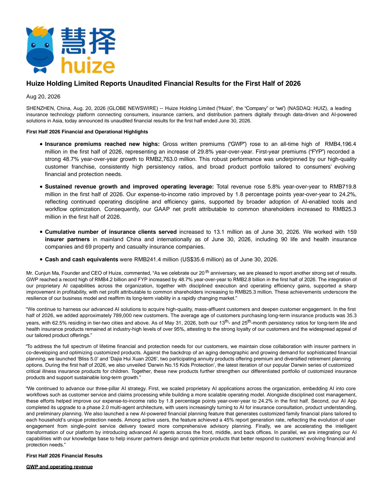 Huize's Q2 2026 Press Release