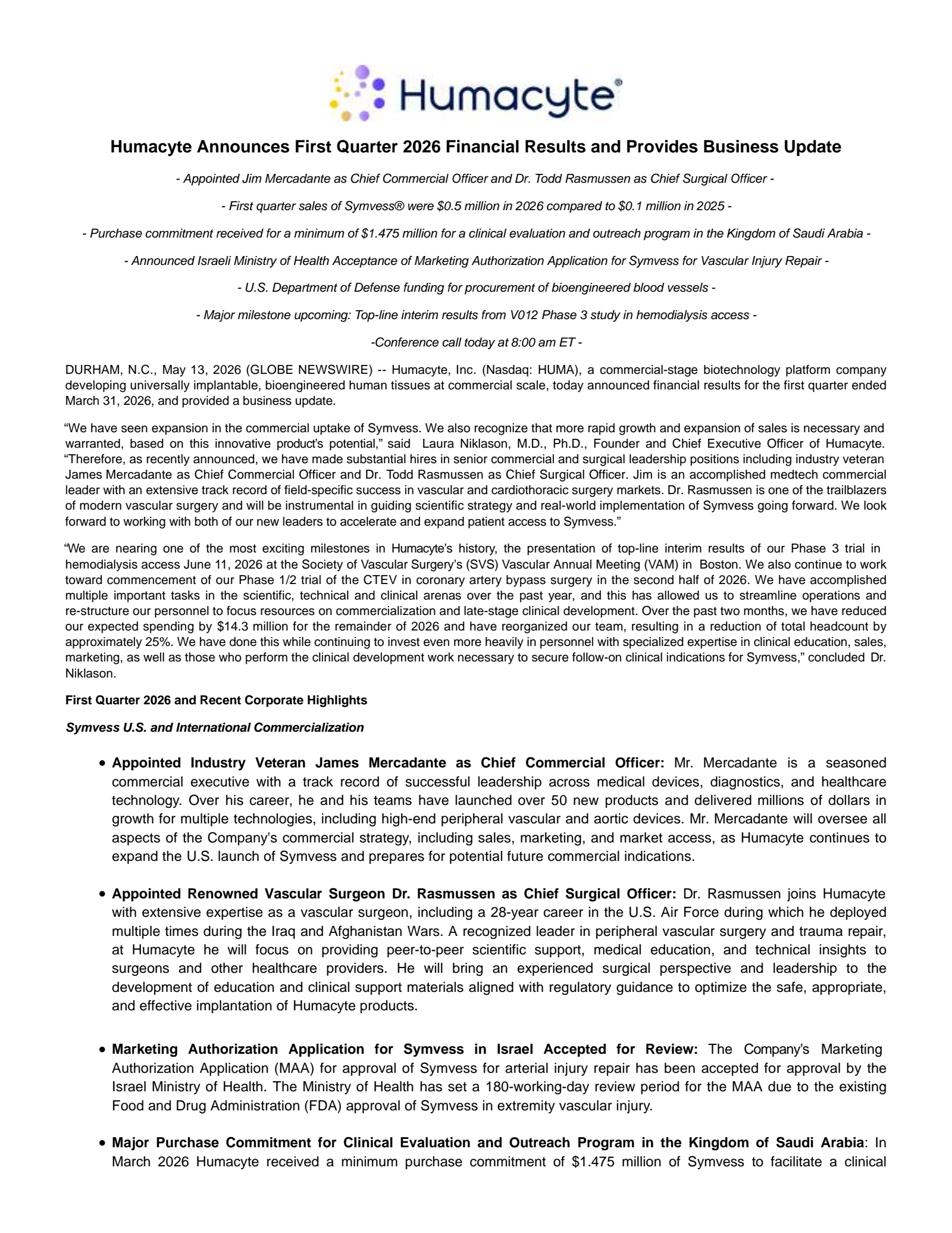 Humacyte's Q1 2026 Press Release