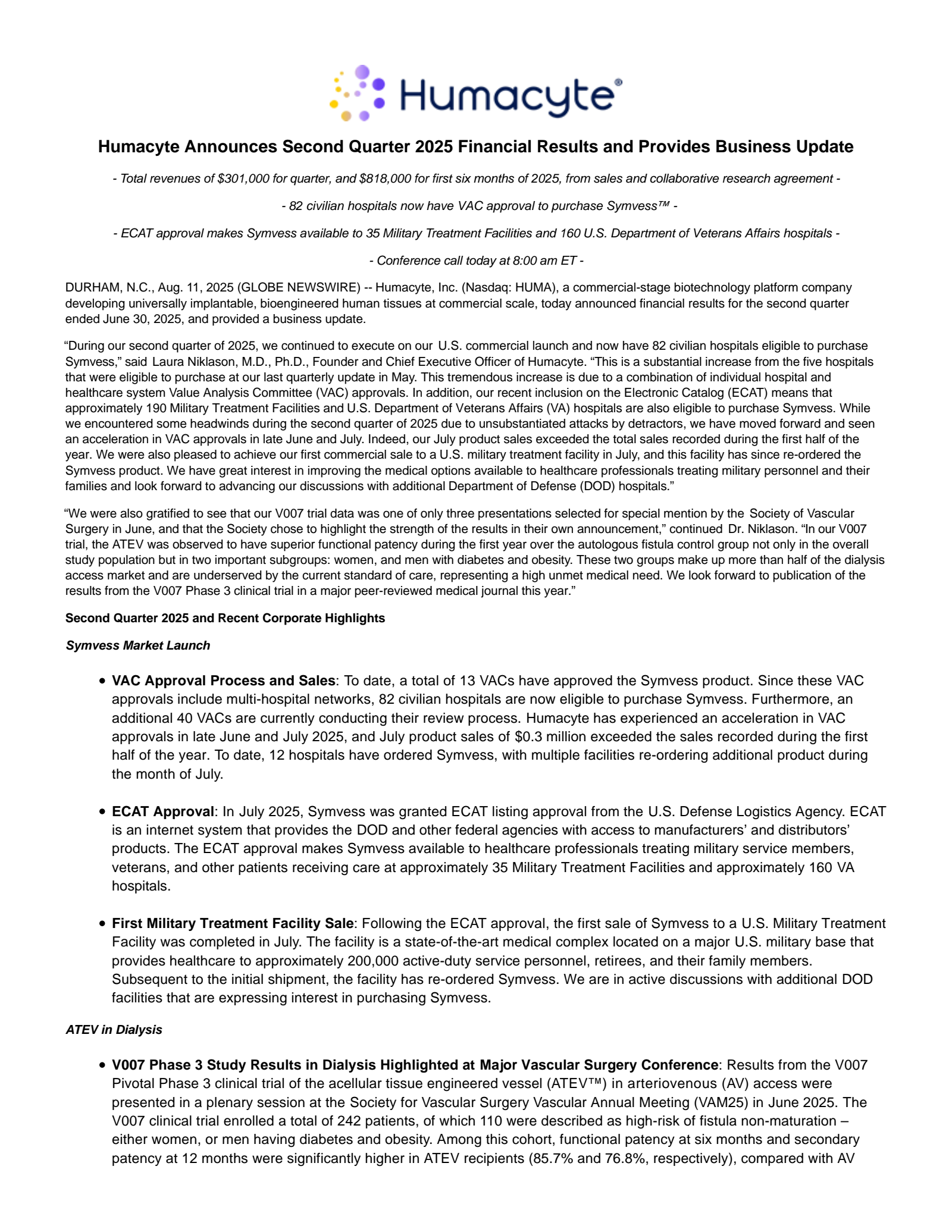 Humacyte's Q2 2025 Press Release