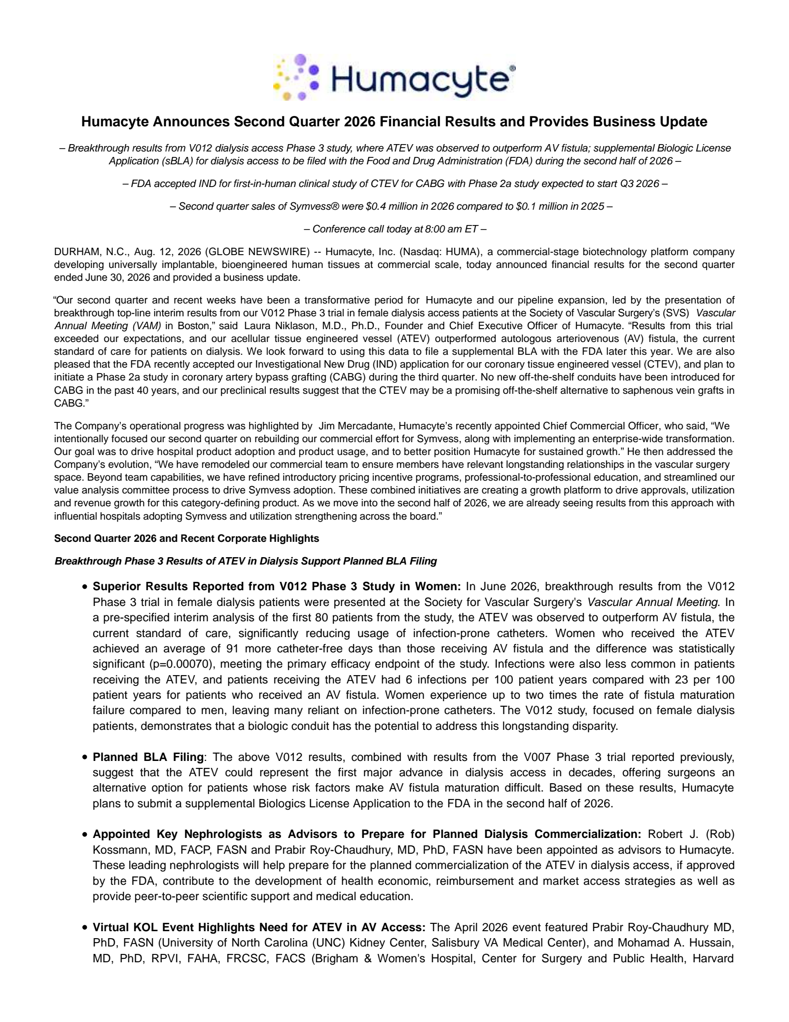 Humacyte's Q2 2026 Press Release