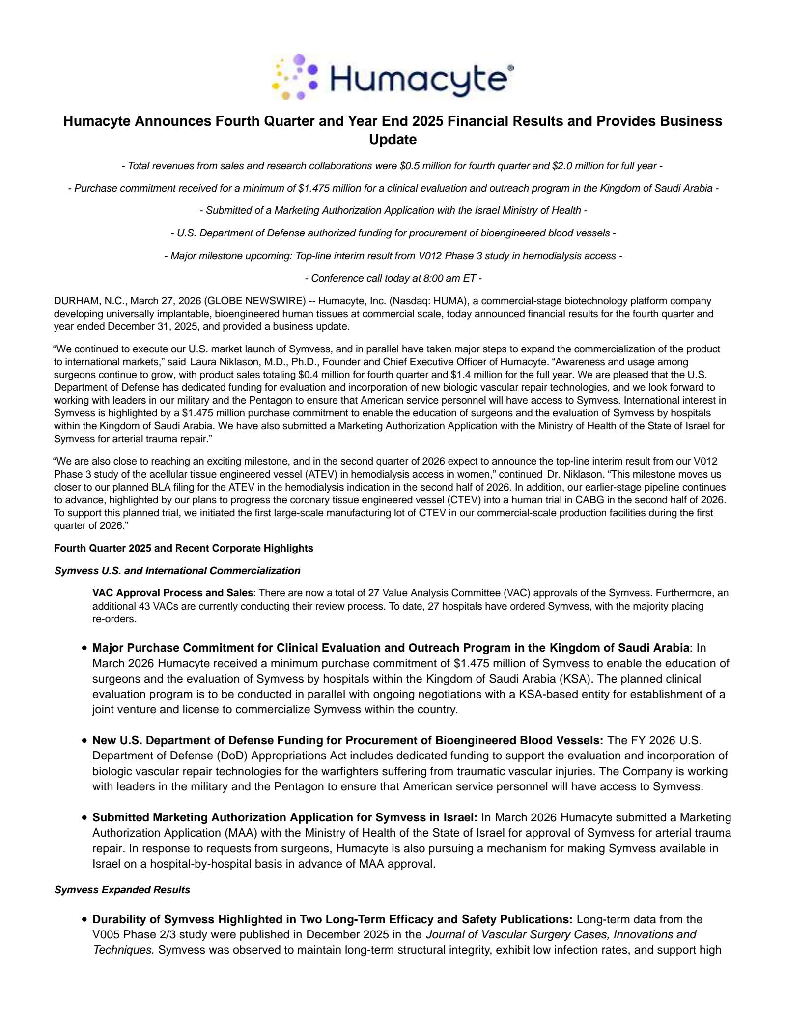 Humacyte's Q4 2025 Press Release