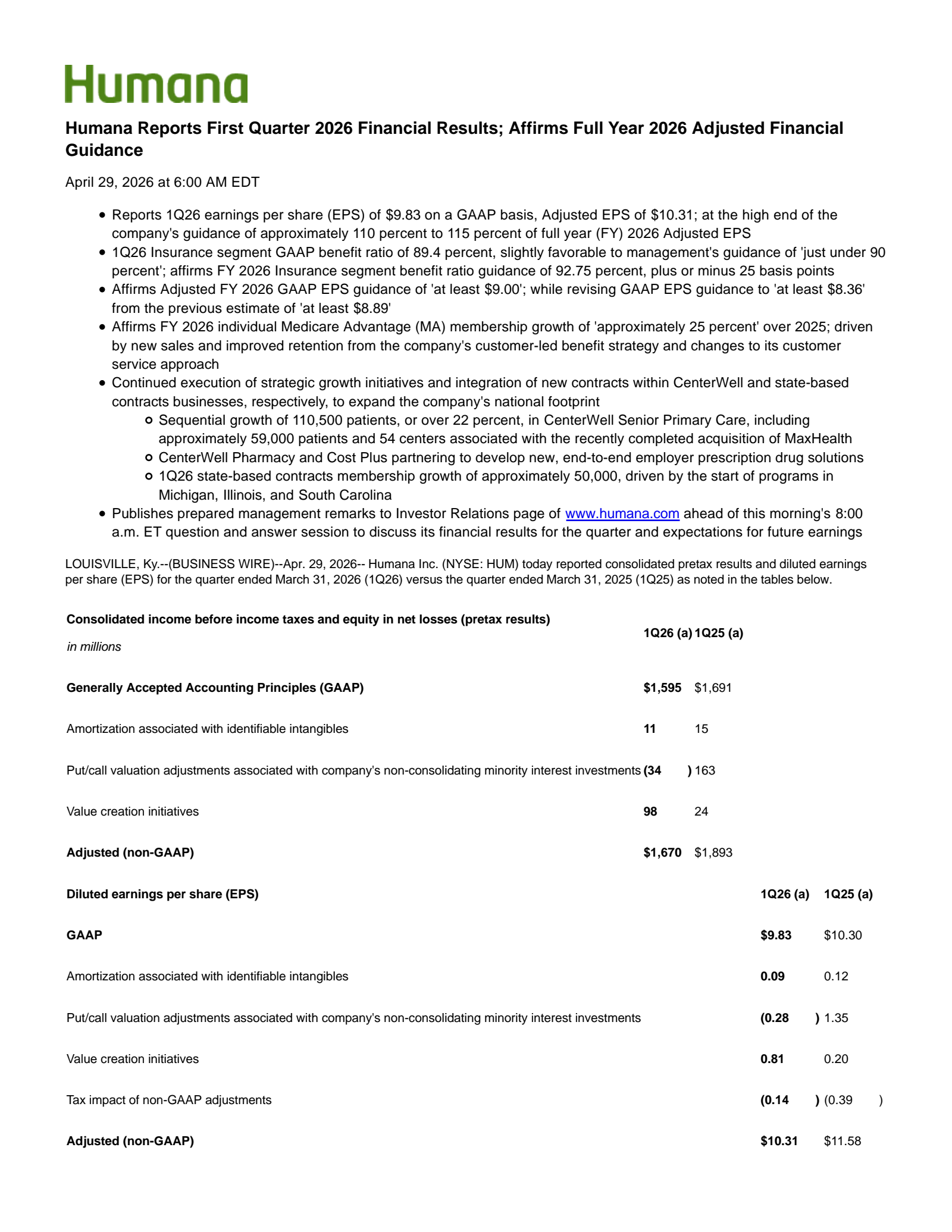 Humana's Q1 2026 Press Release