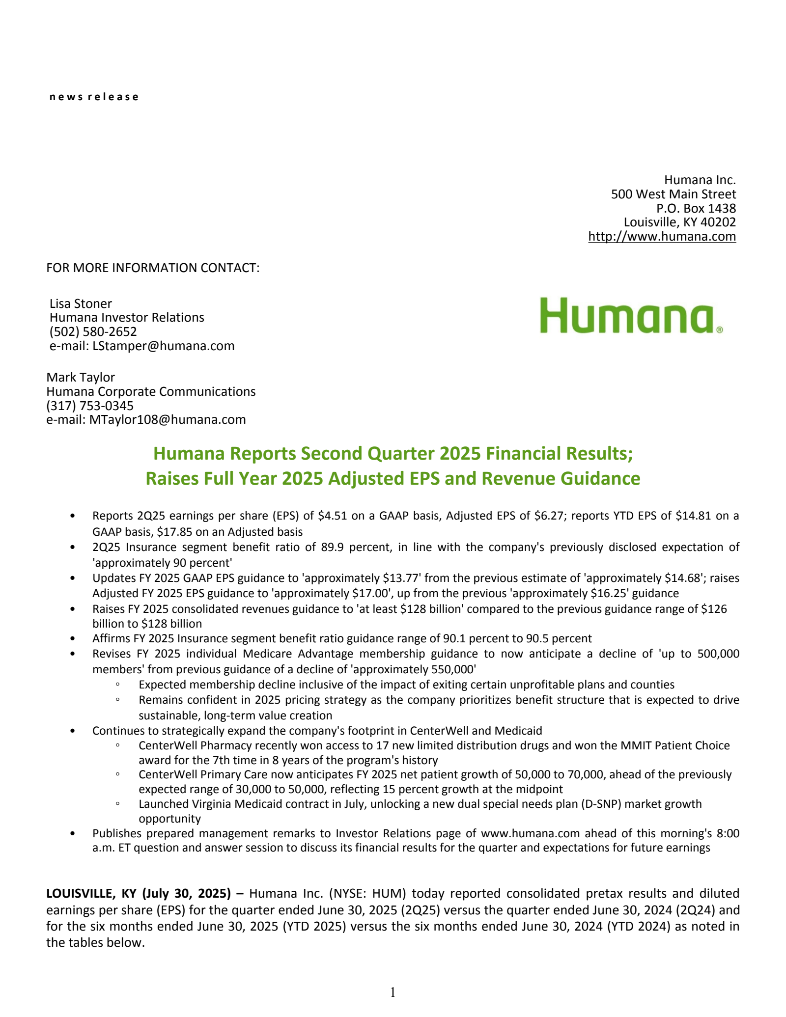 Humana's Q2 2025 Press Release