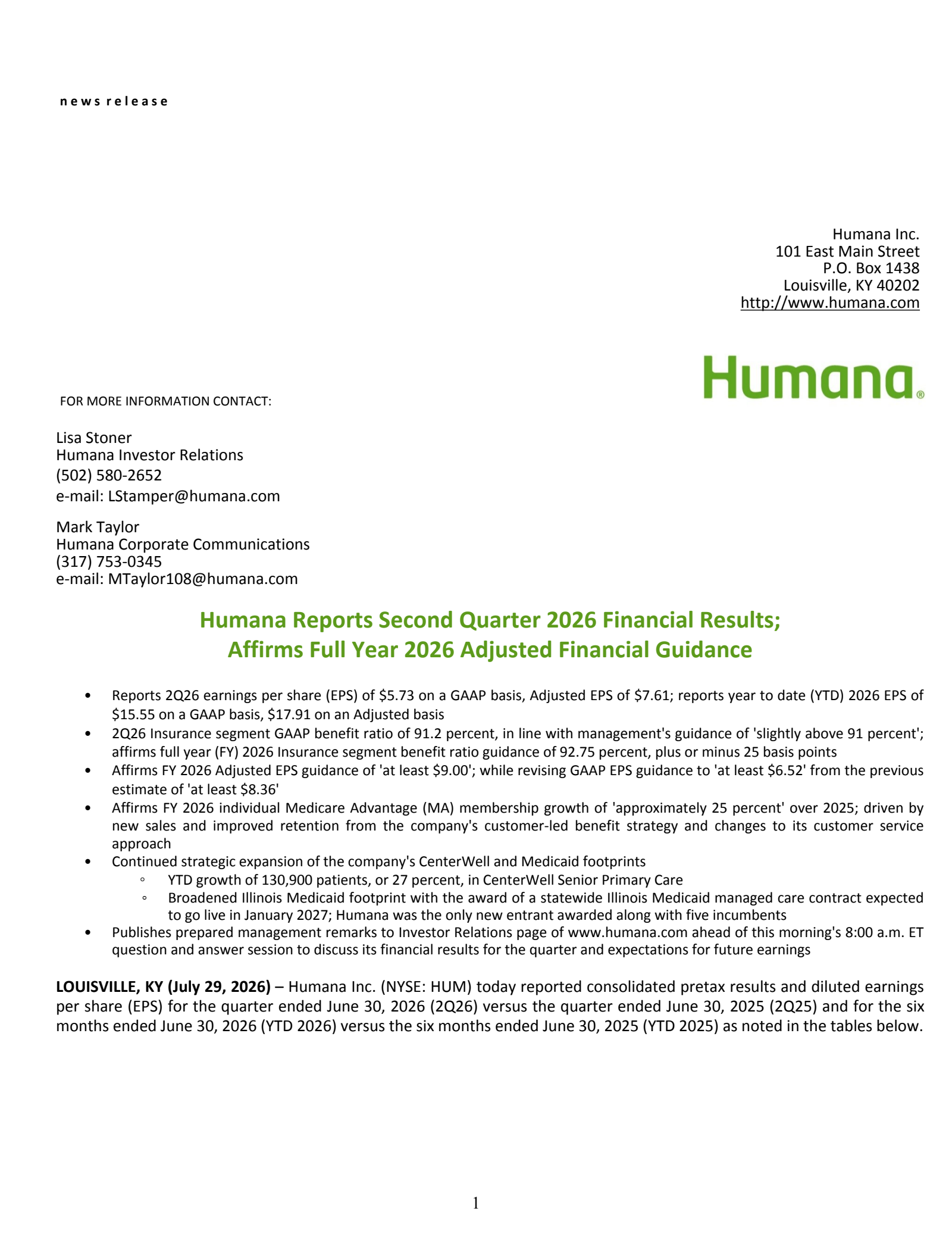 Humana's Q2 2026 Press Release