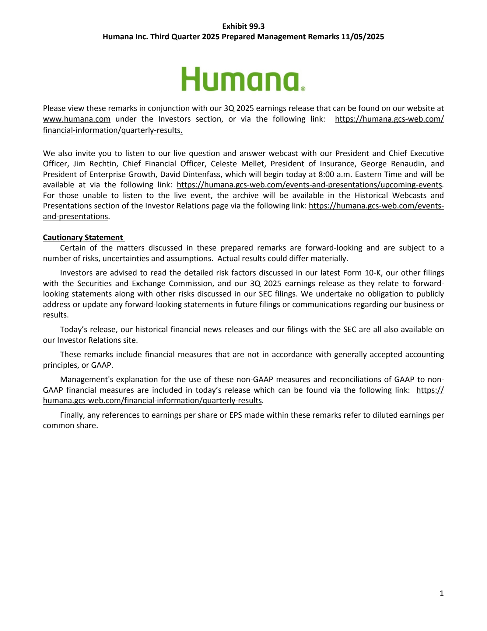 Humana's Q3 2025 Prepared Remarks Earnings Release