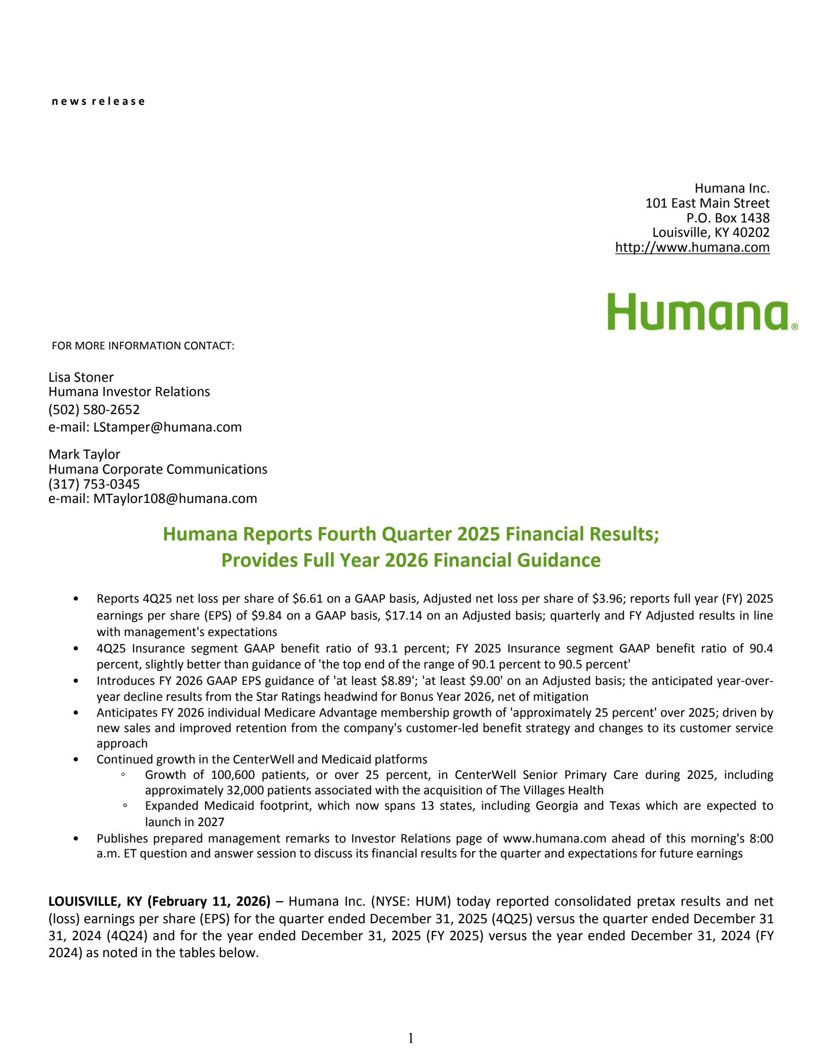 Humana's Q4 2025 Press Release