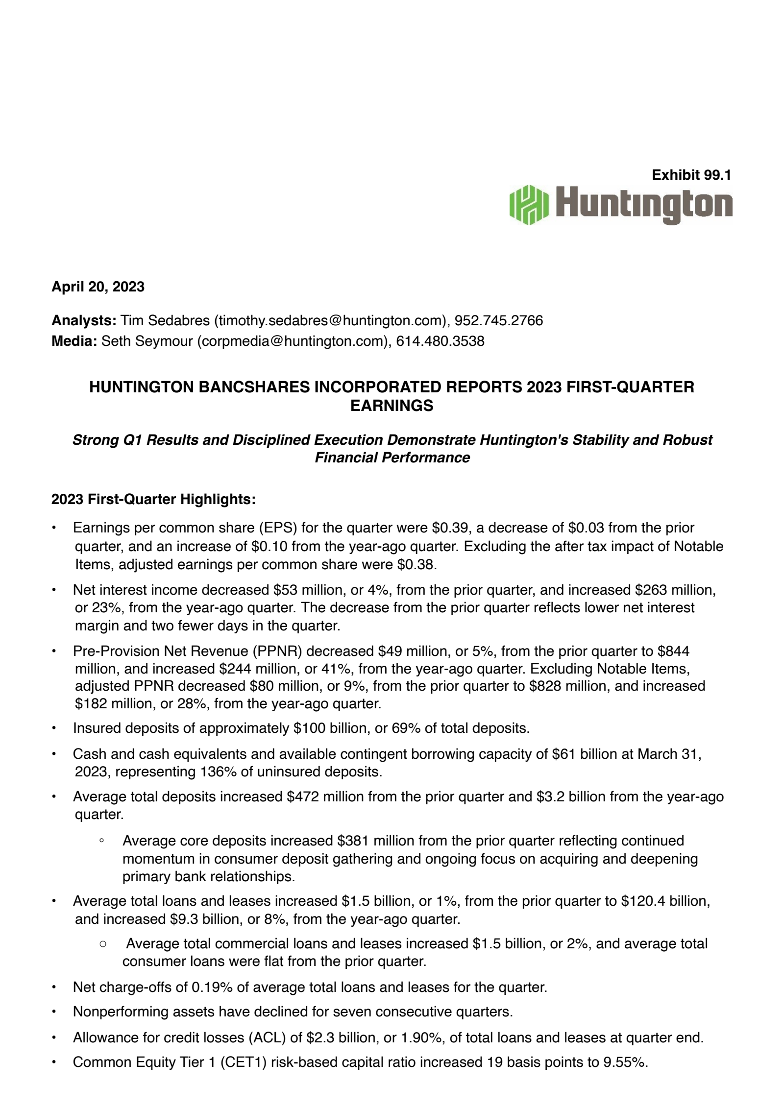 Huntington Bancshares' Q1 2023 Press Release