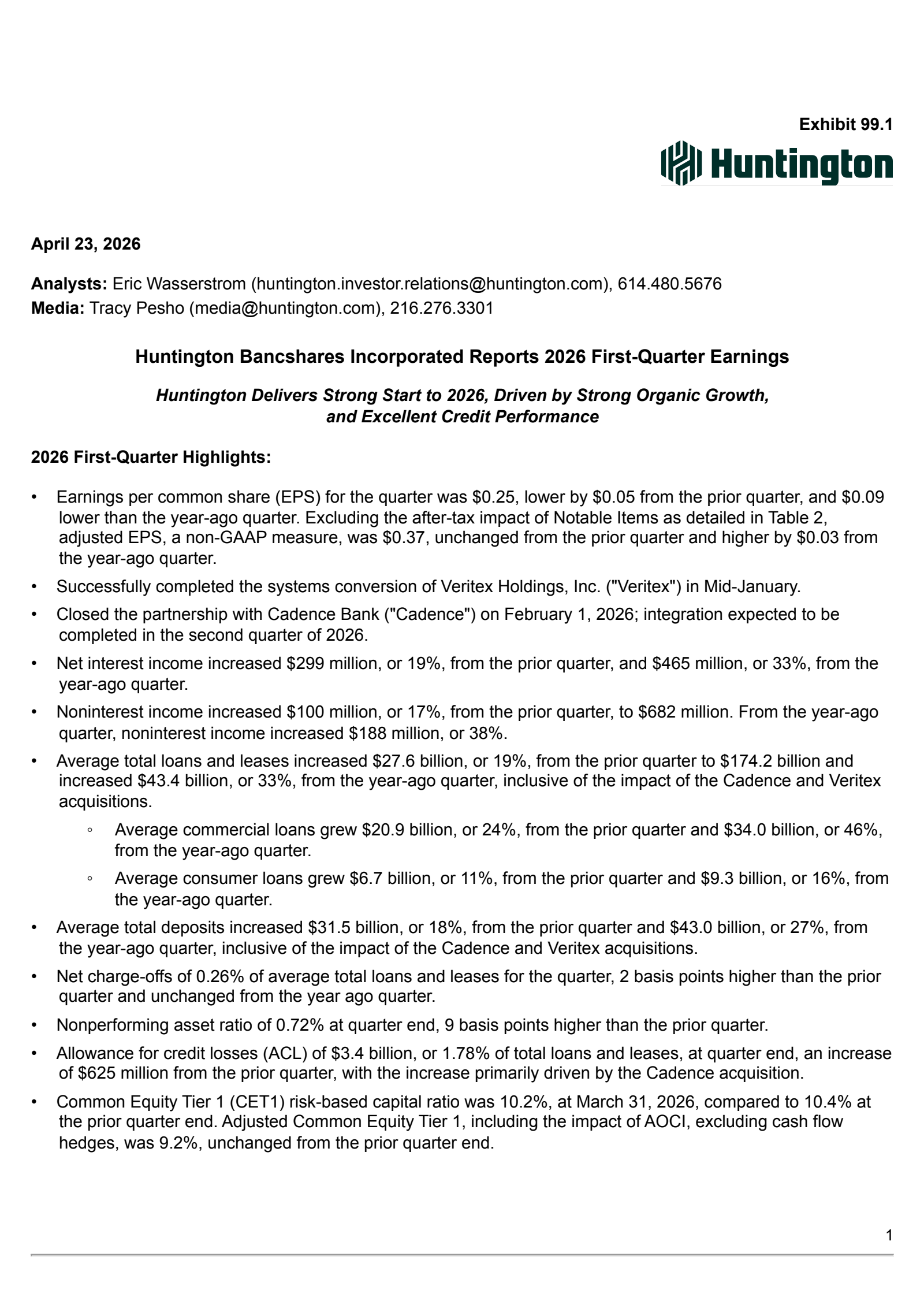 Huntington Bancshares' Q1 2026 Press Release