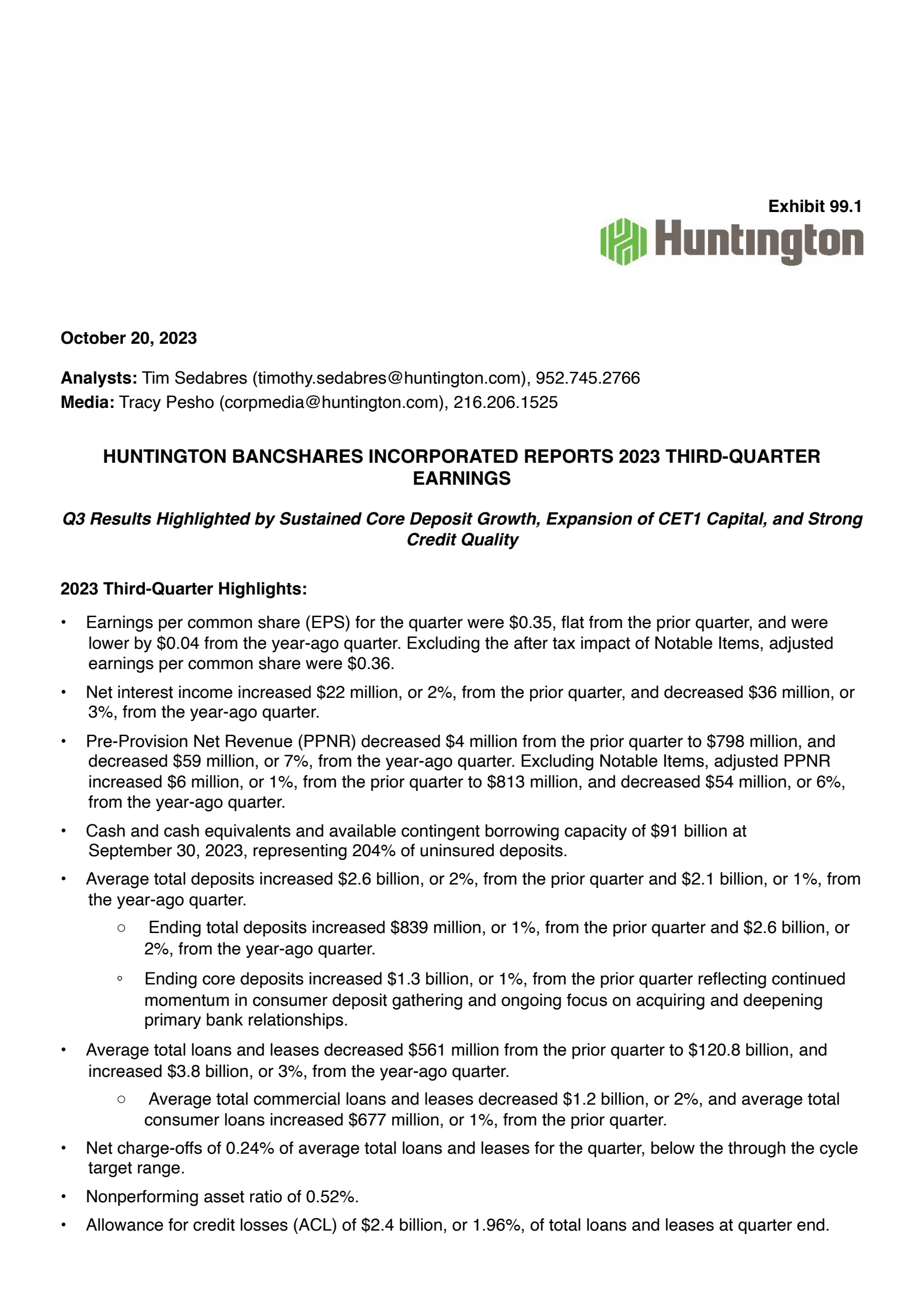 Huntington Bancshares' Q3 2023 Press Release