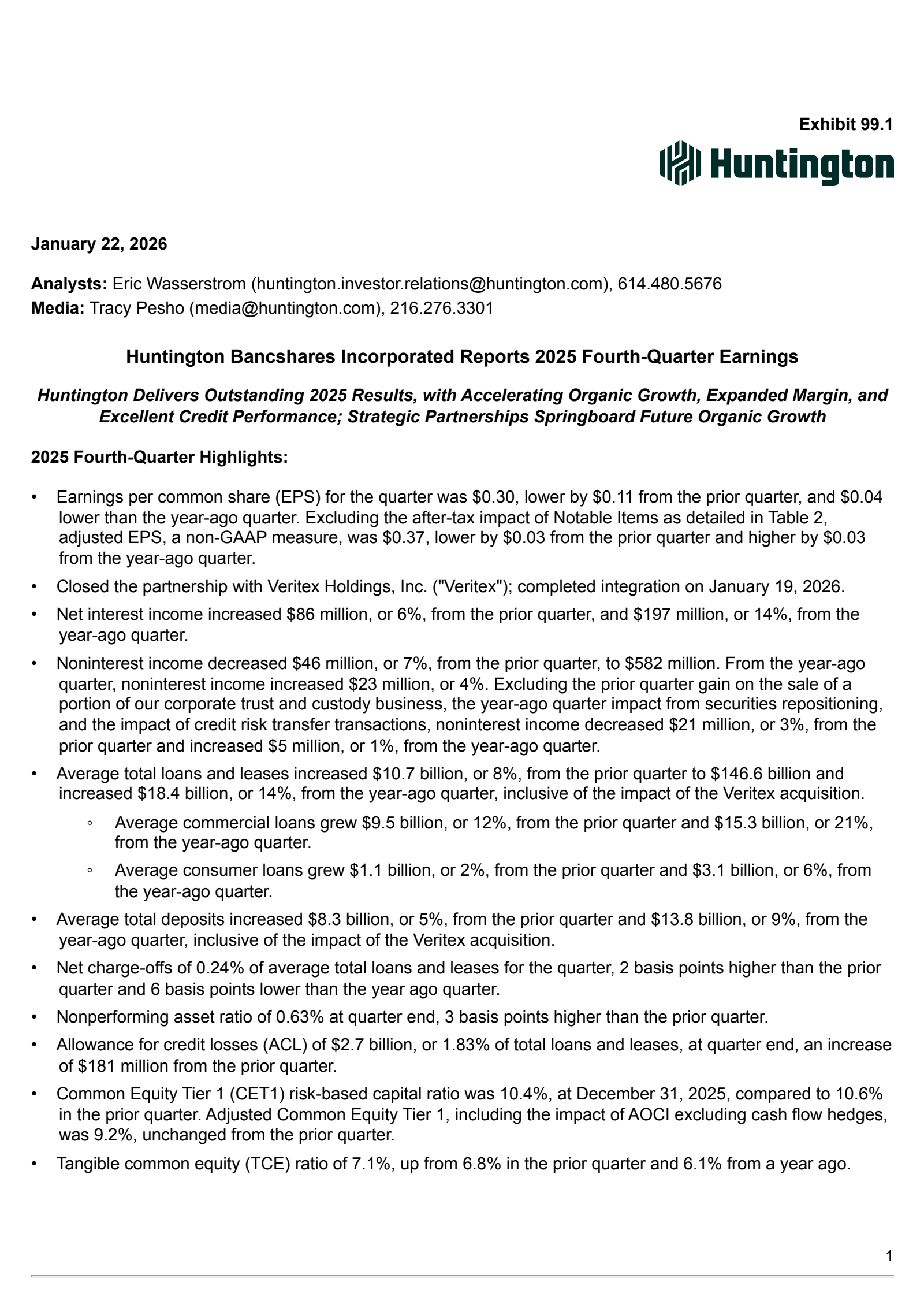 Huntington Bancshares' Q4 2025 Press Release