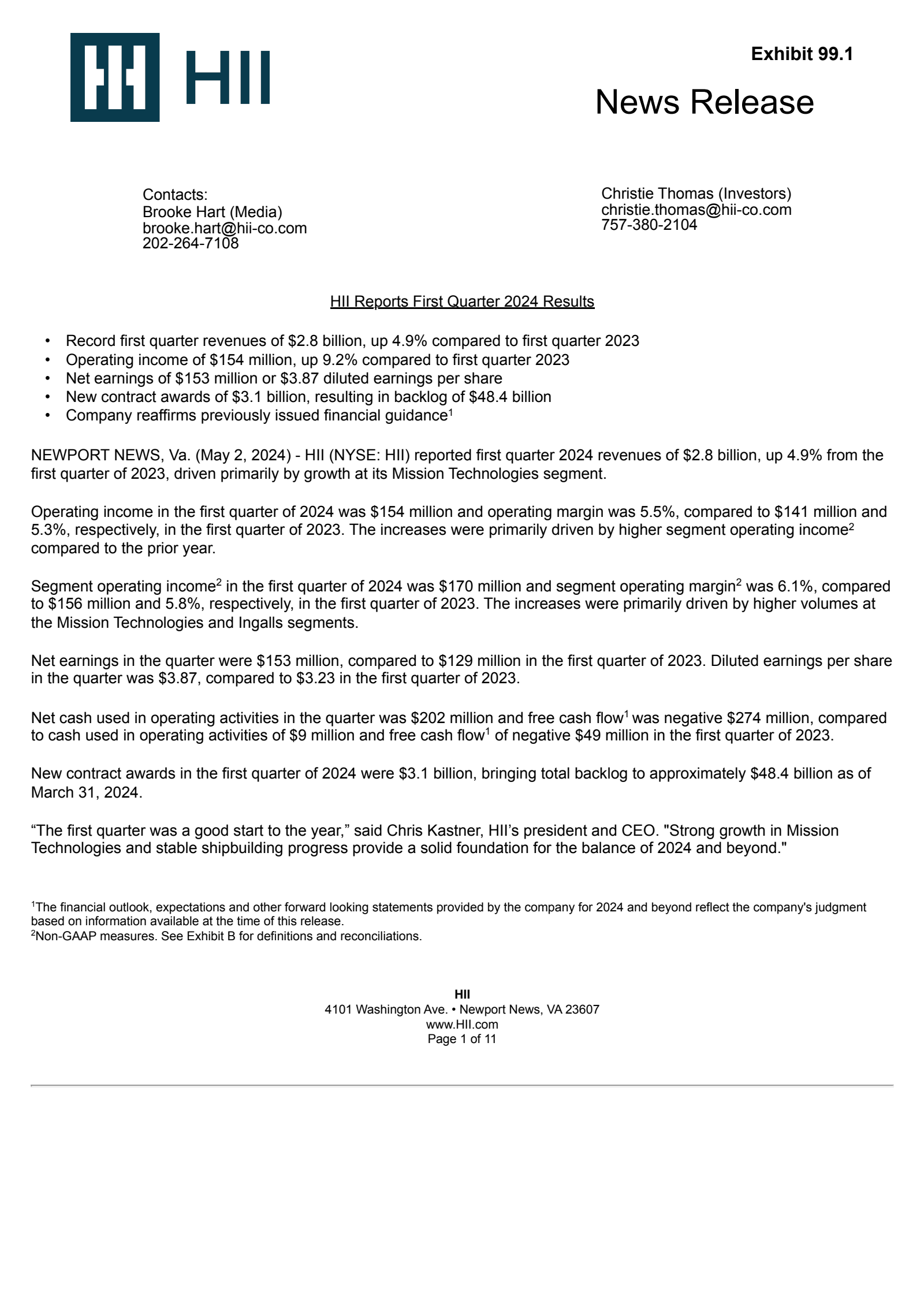 Huntington Ingalls Industries' Q1 2024 Press Release