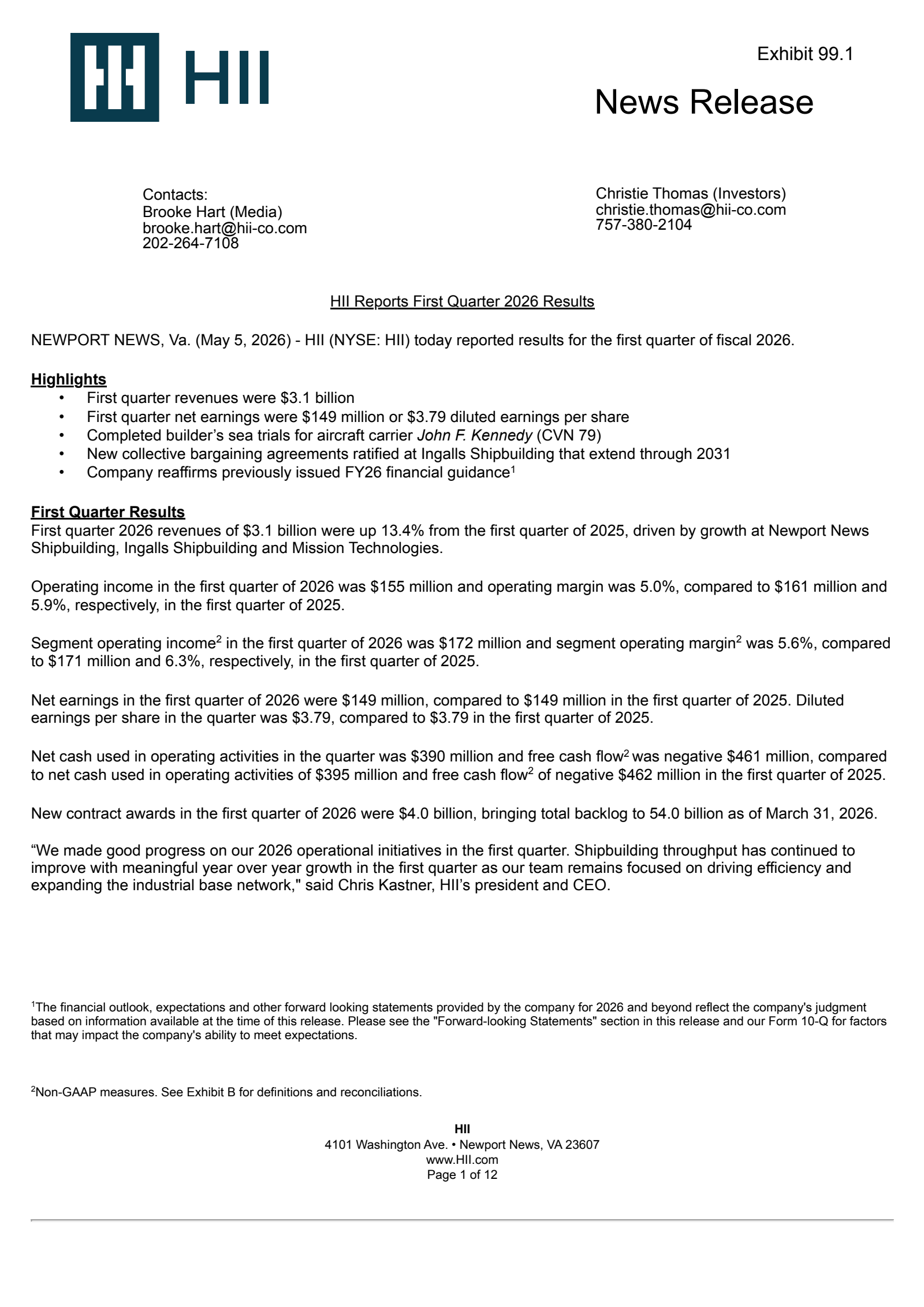 Huntington Ingalls Industries' Q1 2026 Press Release