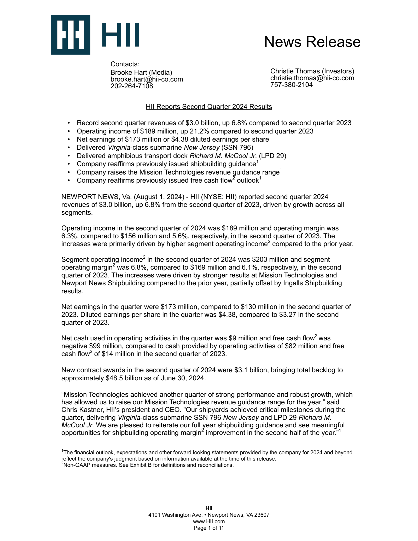 Huntington Ingalls Industries' Q2 2024 Press Release