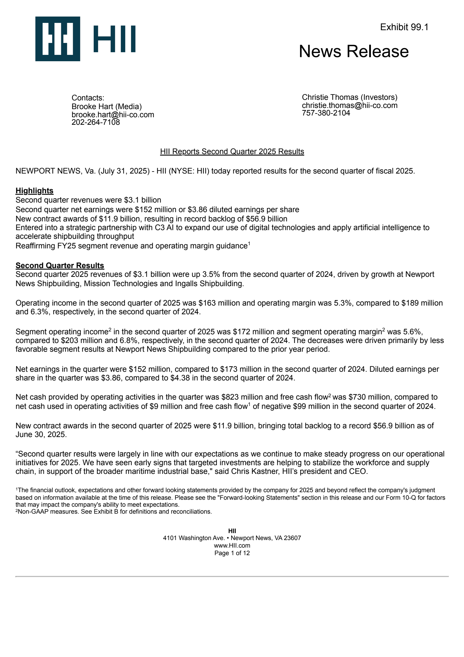 Huntington Ingalls Industries' Q2 2025 Press Release