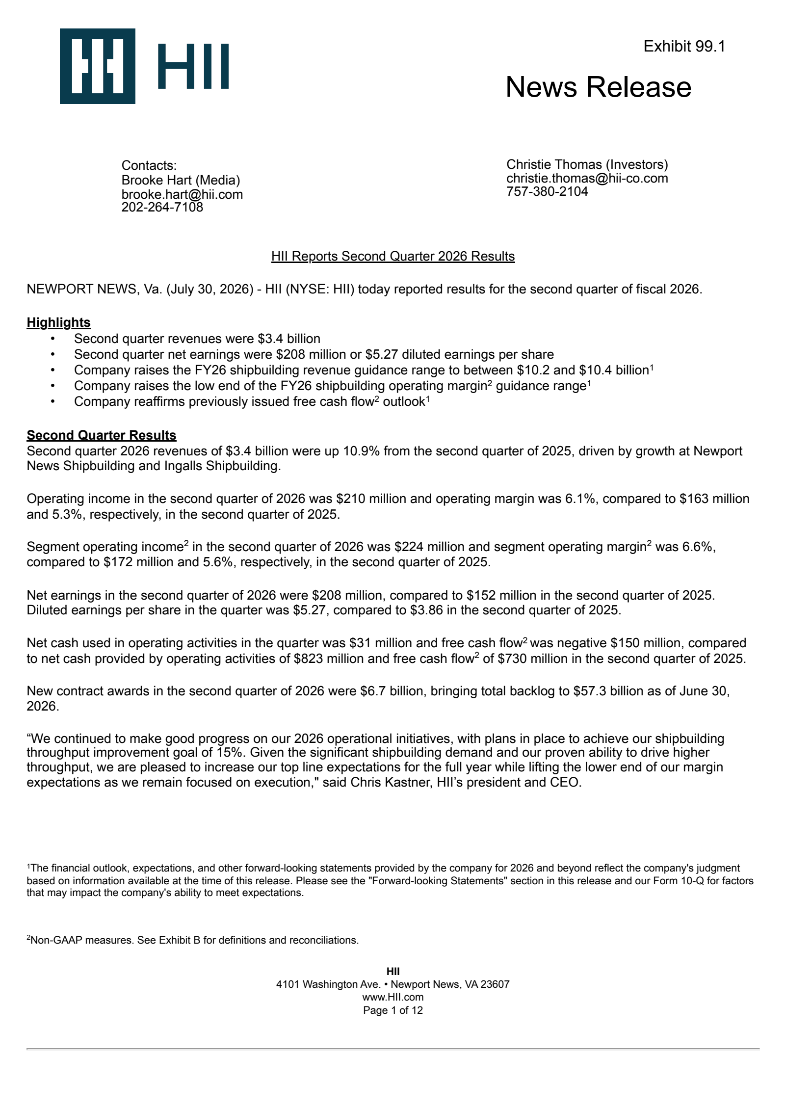 Huntington Ingalls Industries' Q2 2026 Press Release