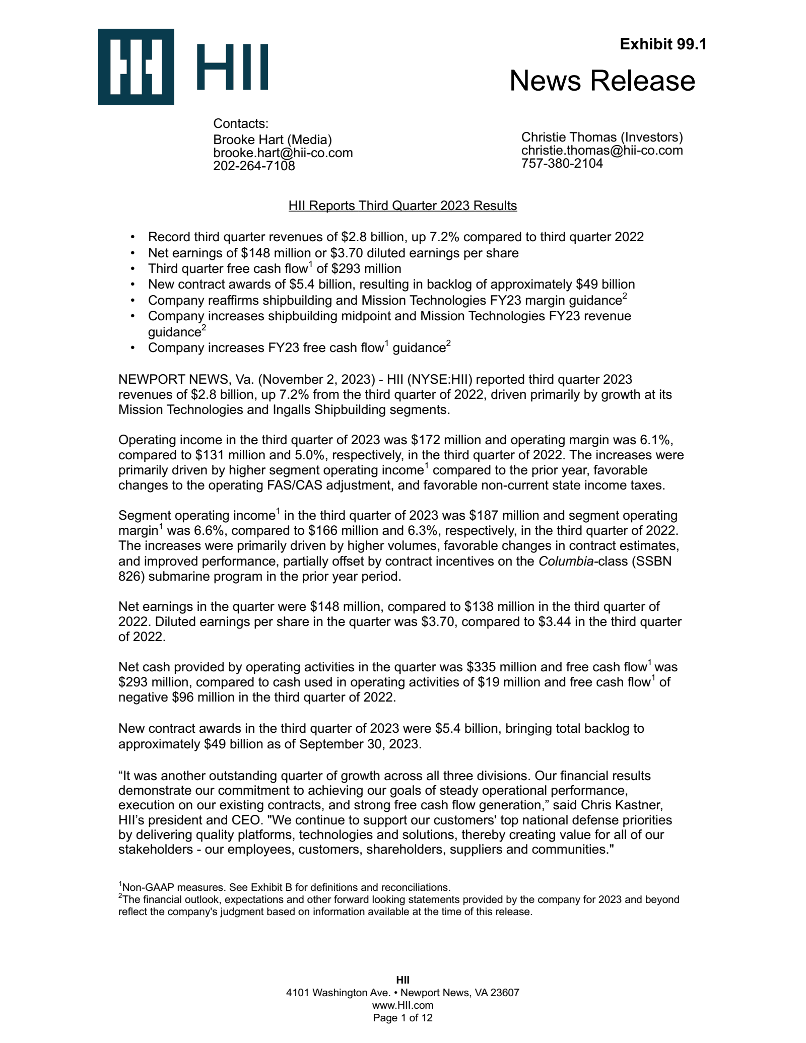 Huntington Ingalls Industries' Q3 2023 Press Release