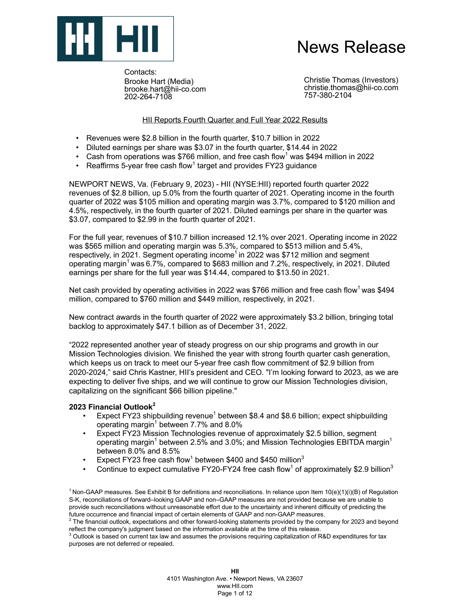 Huntington Ingalls Industries' Q4 2022 Earnings Release