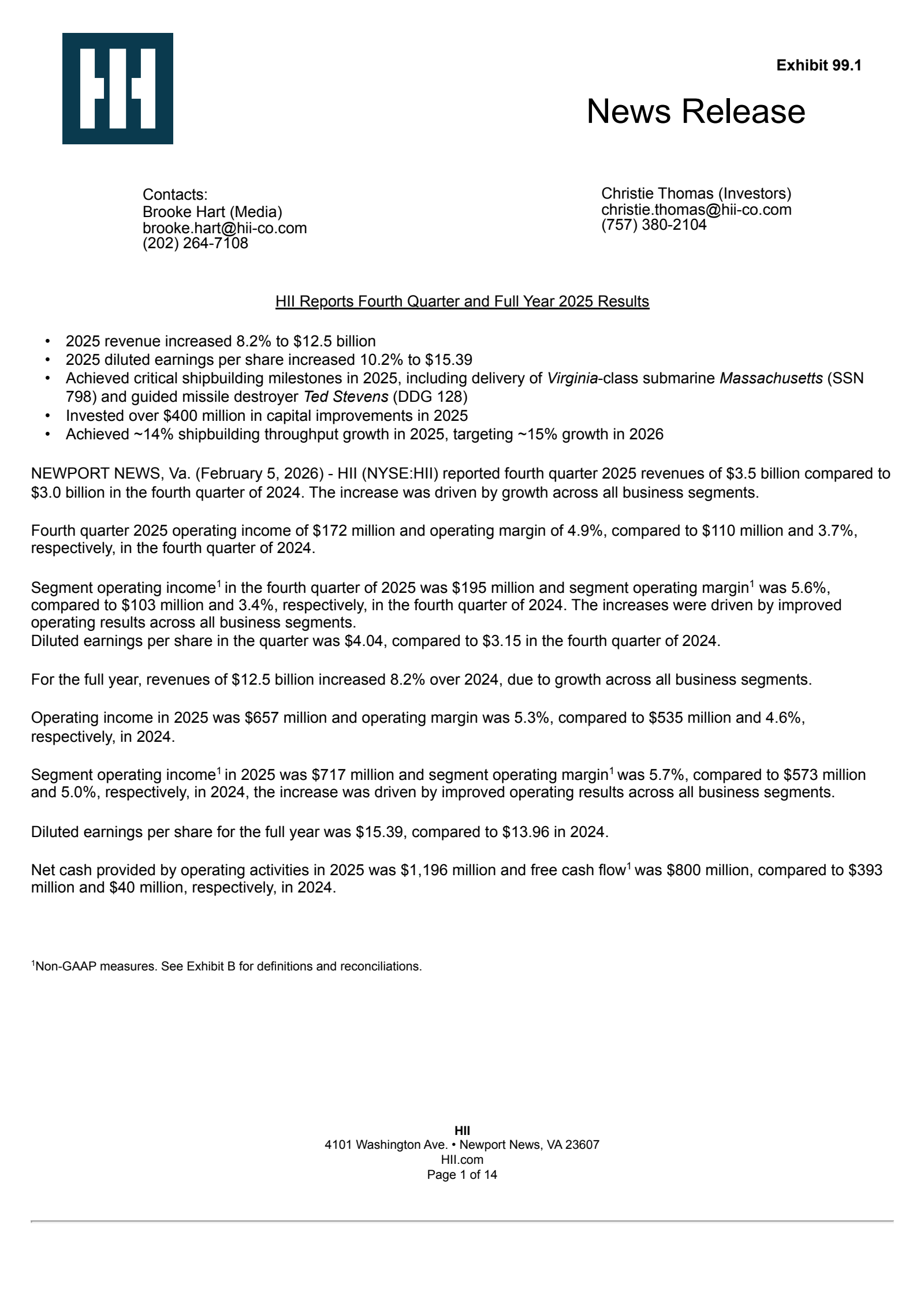 Huntington Ingalls Industries' Q4 2025 Press Release
