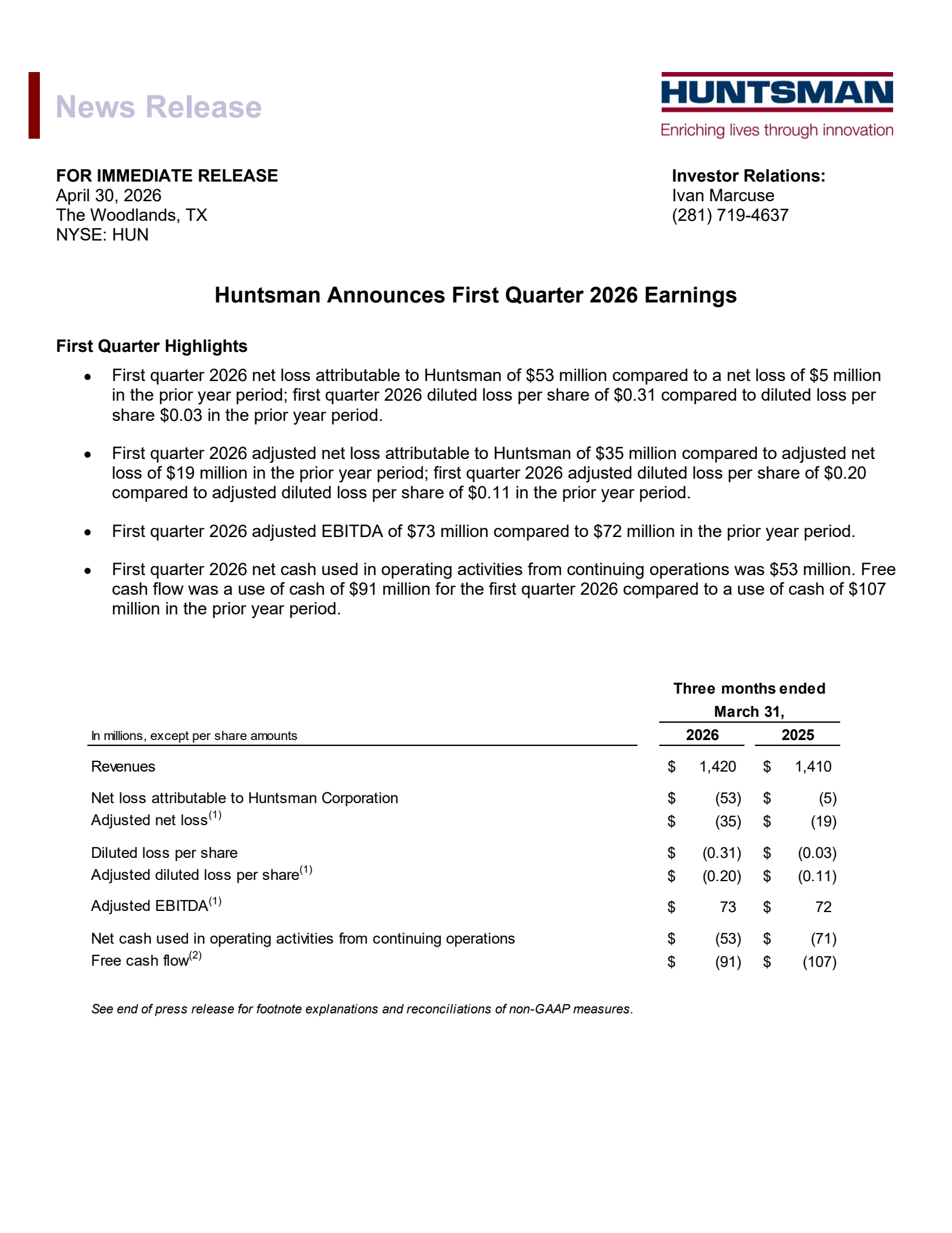 Huntsman's Q1 2026 Press Release