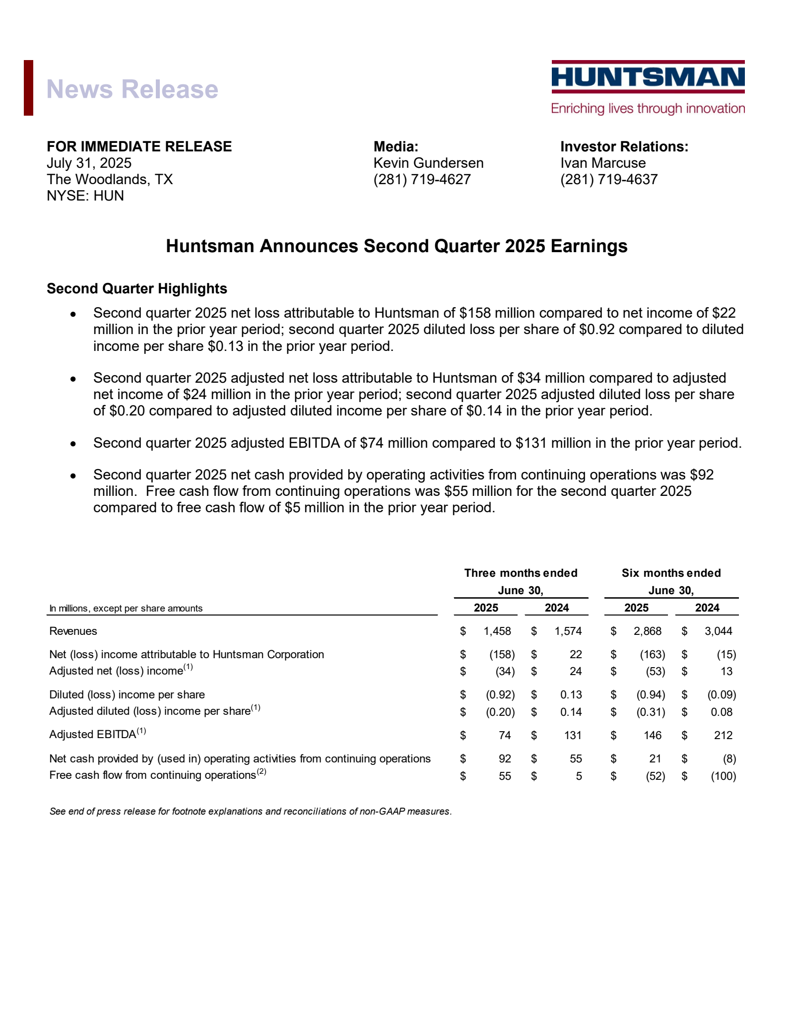 Huntsman's Q2 2025 Press Release