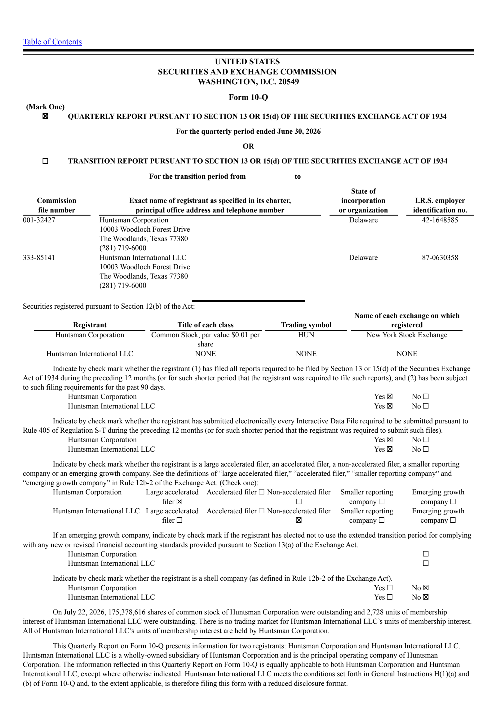 Huntsman's Q2 2026 Quarterly report