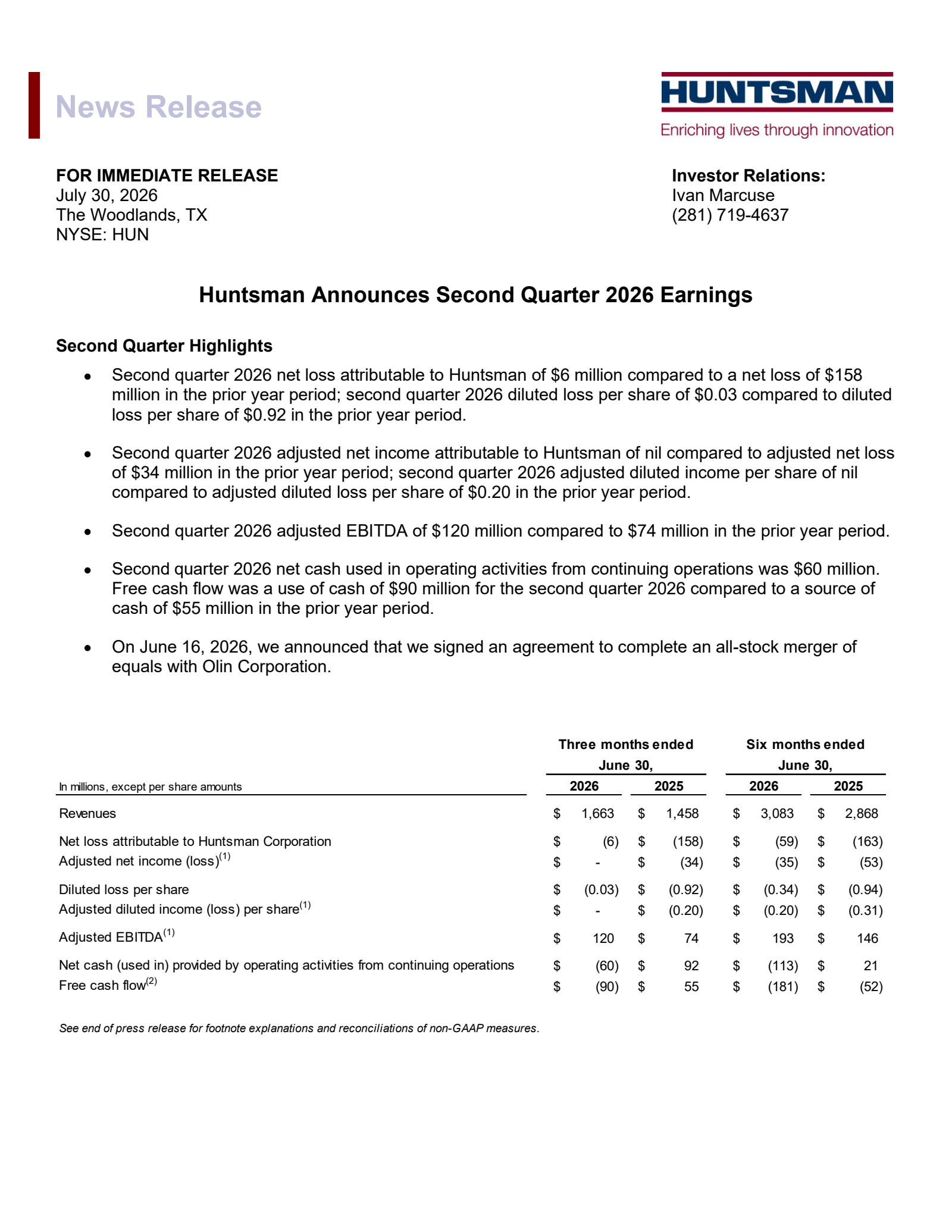 Huntsman's Q2 2026 Press Release