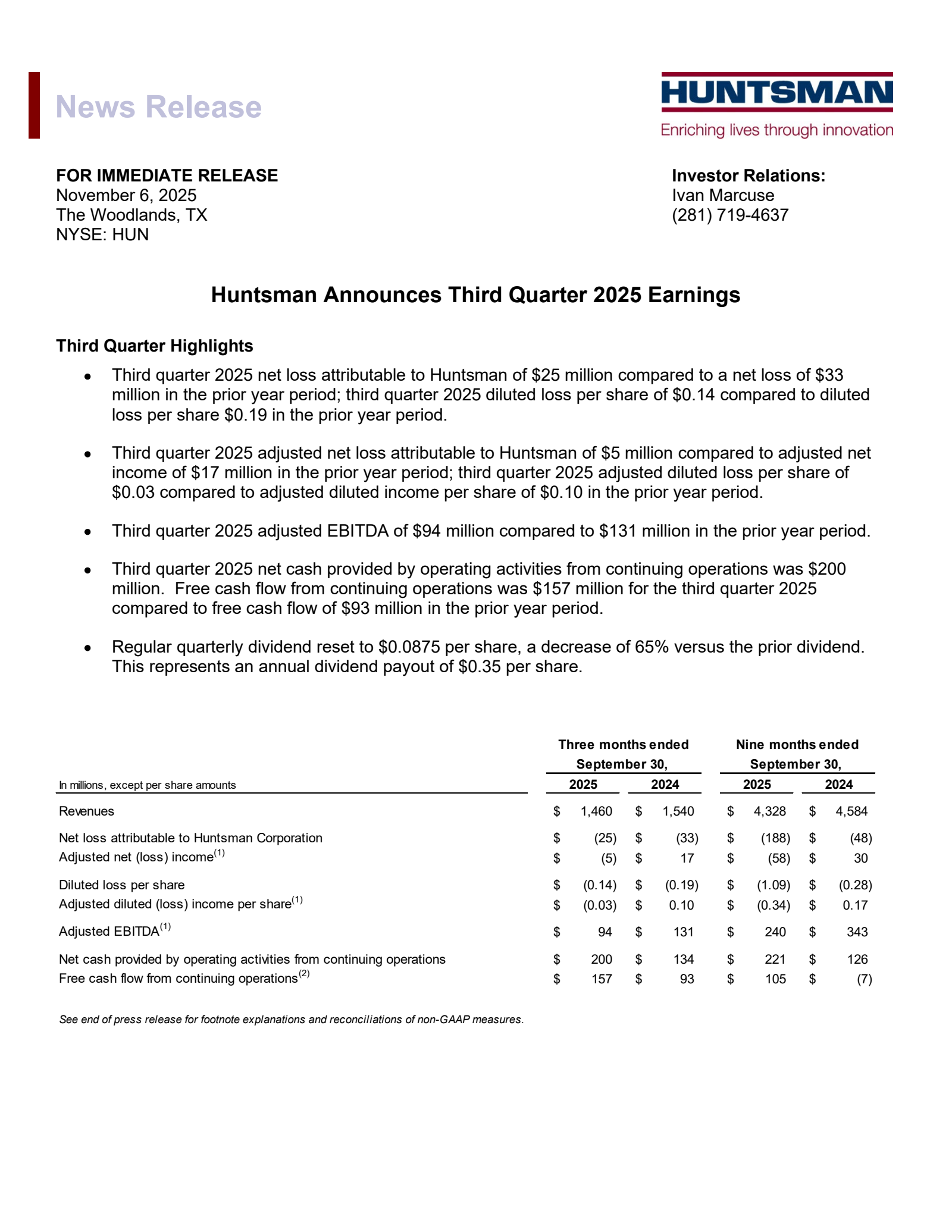 Huntsman's Q3 2025 Earnings Release