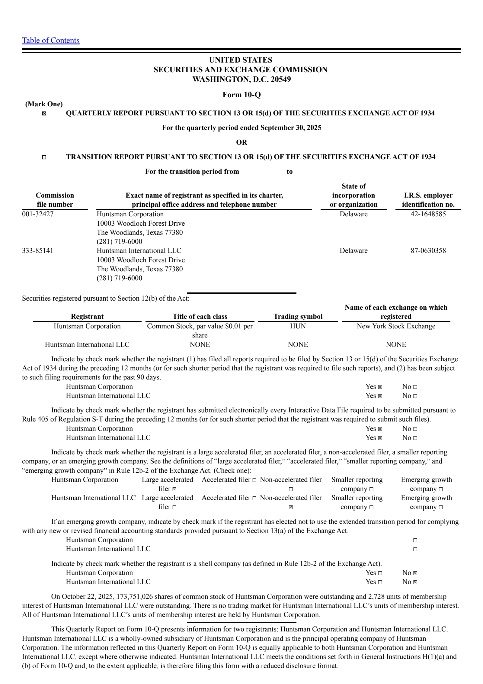 Huntsman's Q3 2025 Quarterly Report