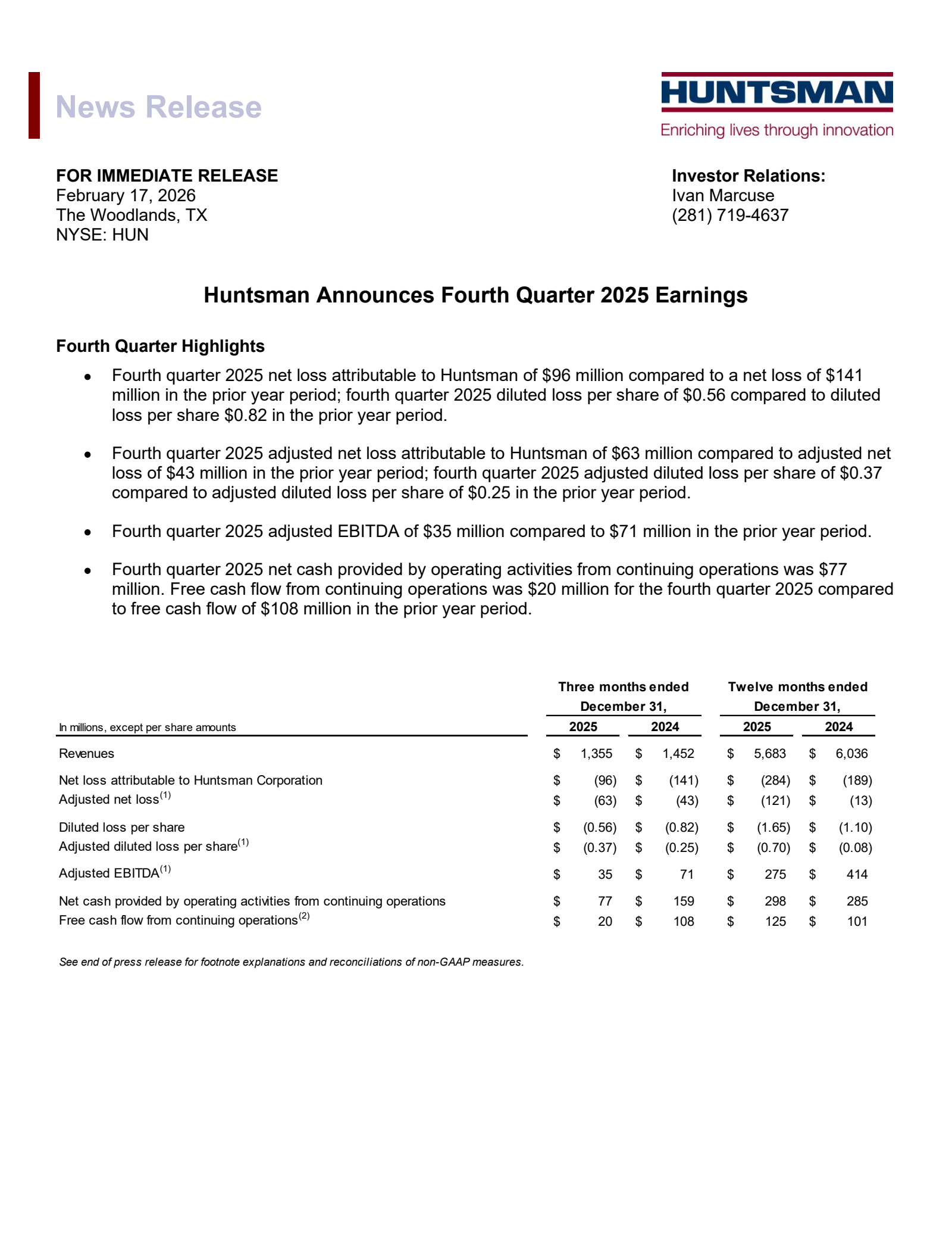 Huntsman's Q4 2025 Press Release