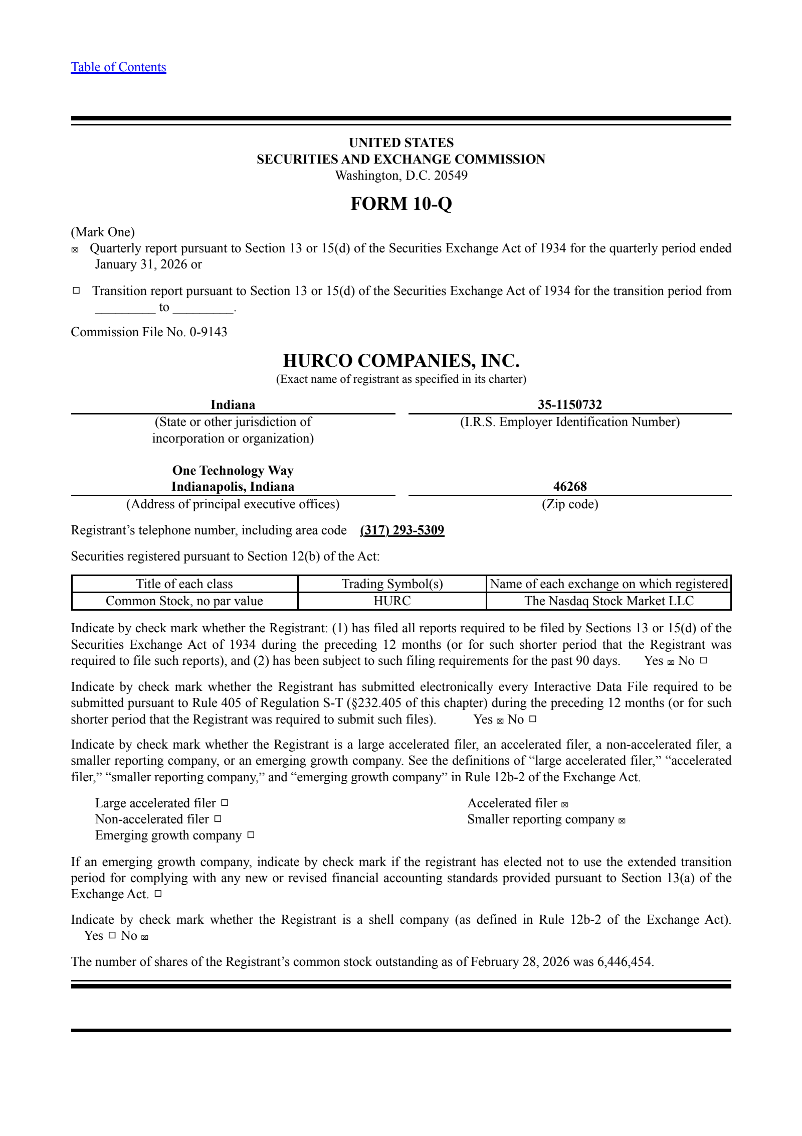 Hurco Companies' Q1 2026 Quarterly report
