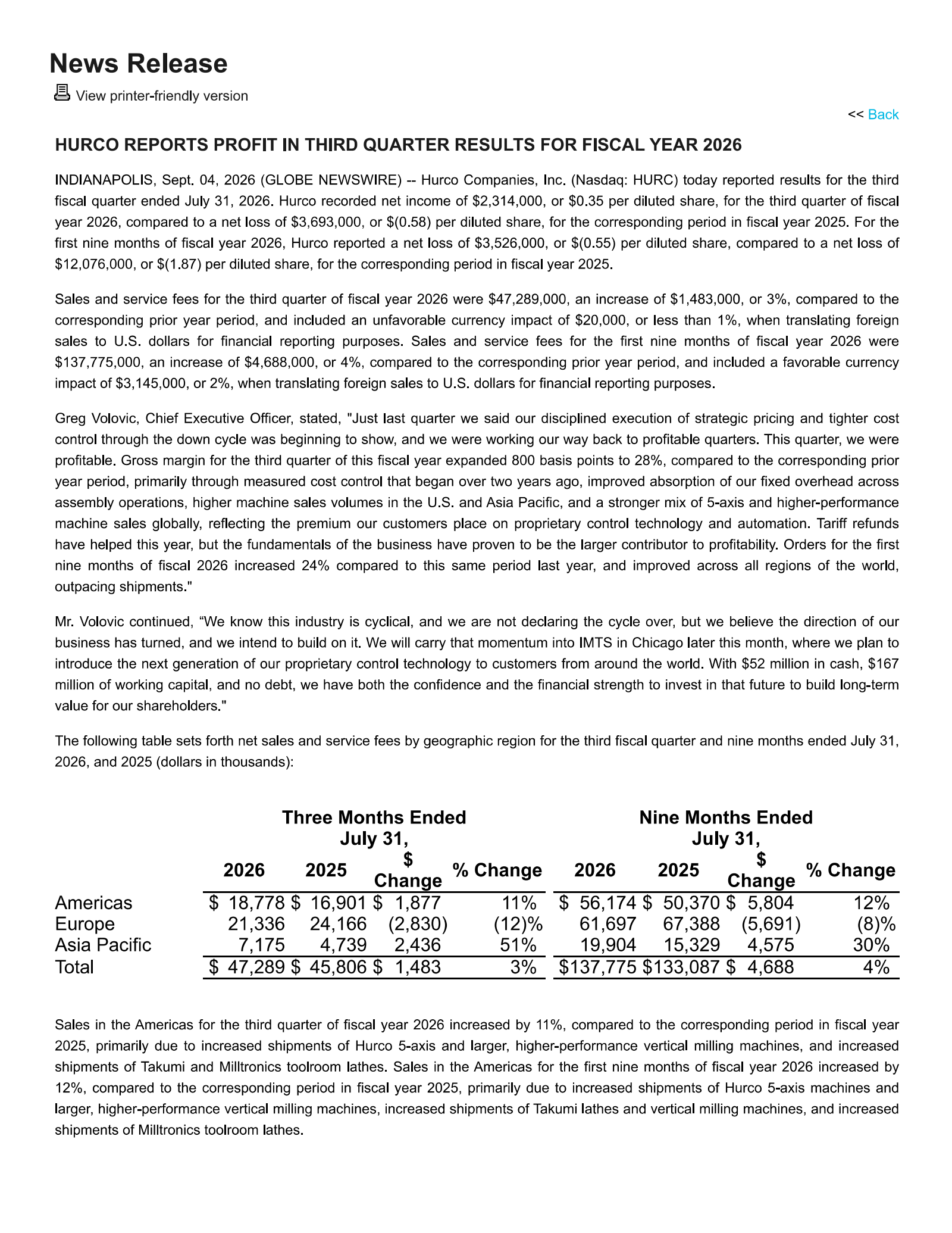 Hurco Companies' Q3 2026 Press Release