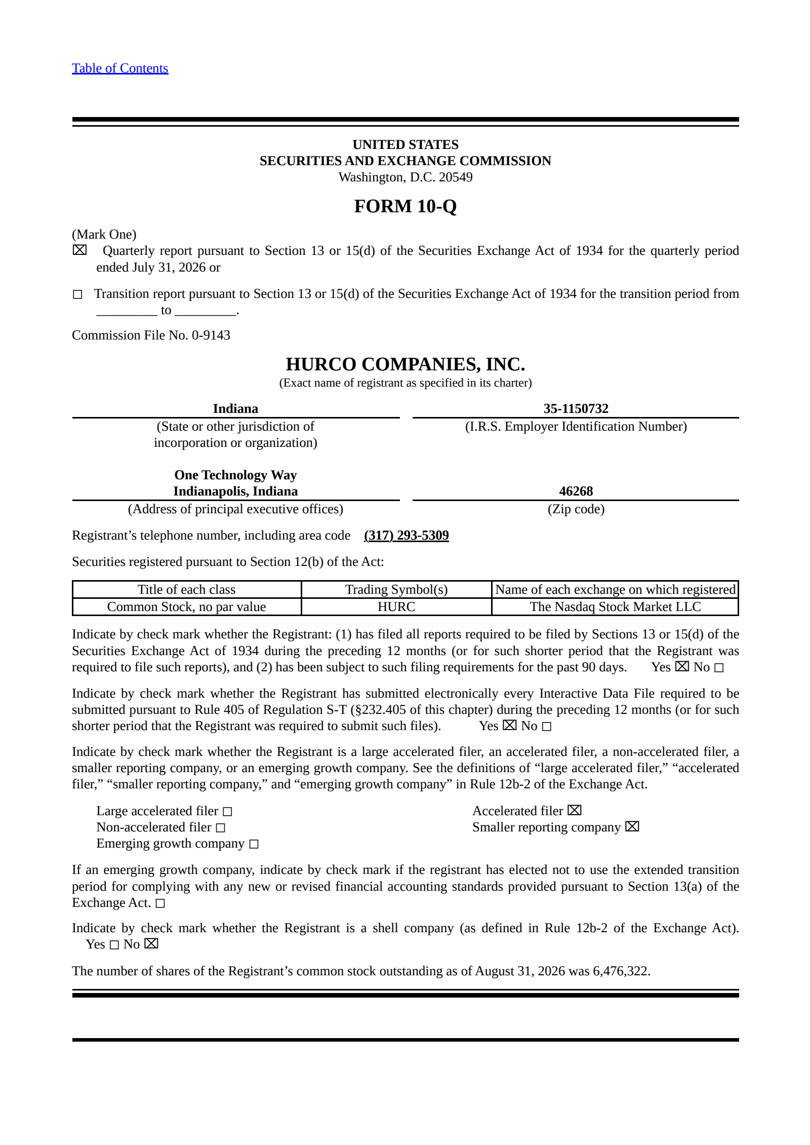 Hurco Companies' Q3 2026 Quarterly report