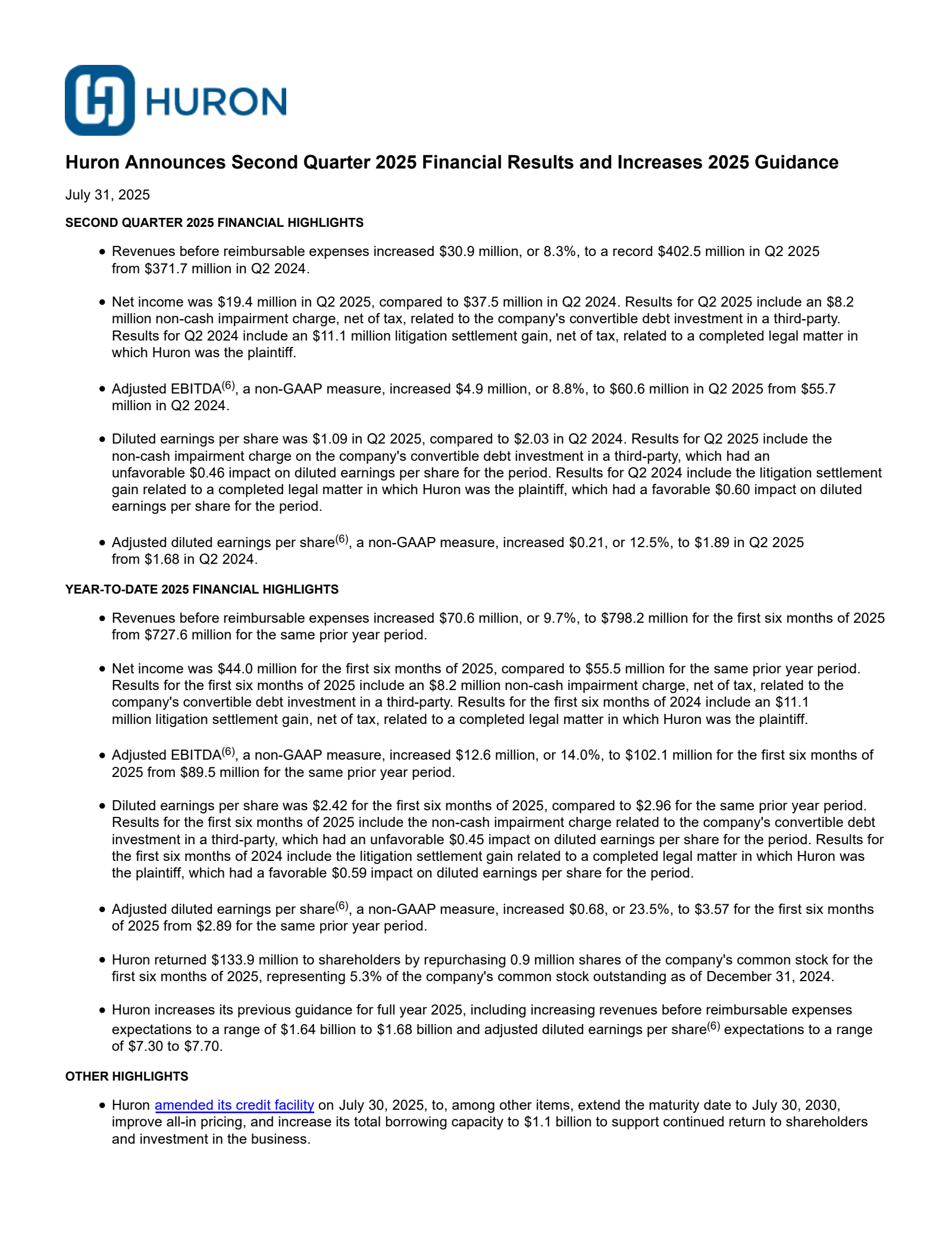 Huron Consulting Group's Q2 2025 Press Release