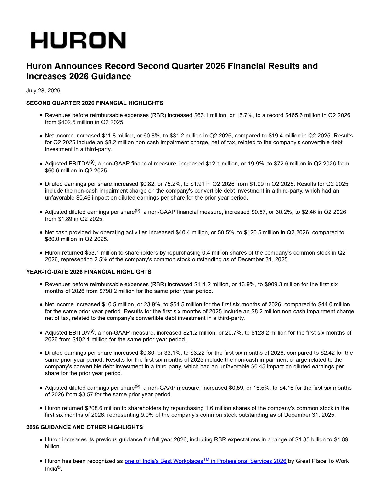 Huron Consulting Group's Q2 2026 Press Release