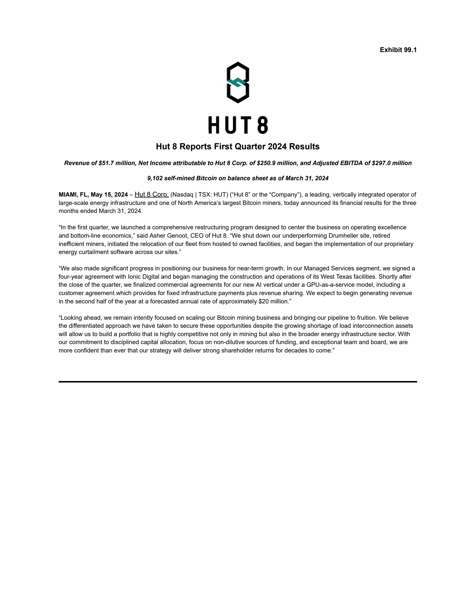 Hut 8's Q1 2024 Earnings Release