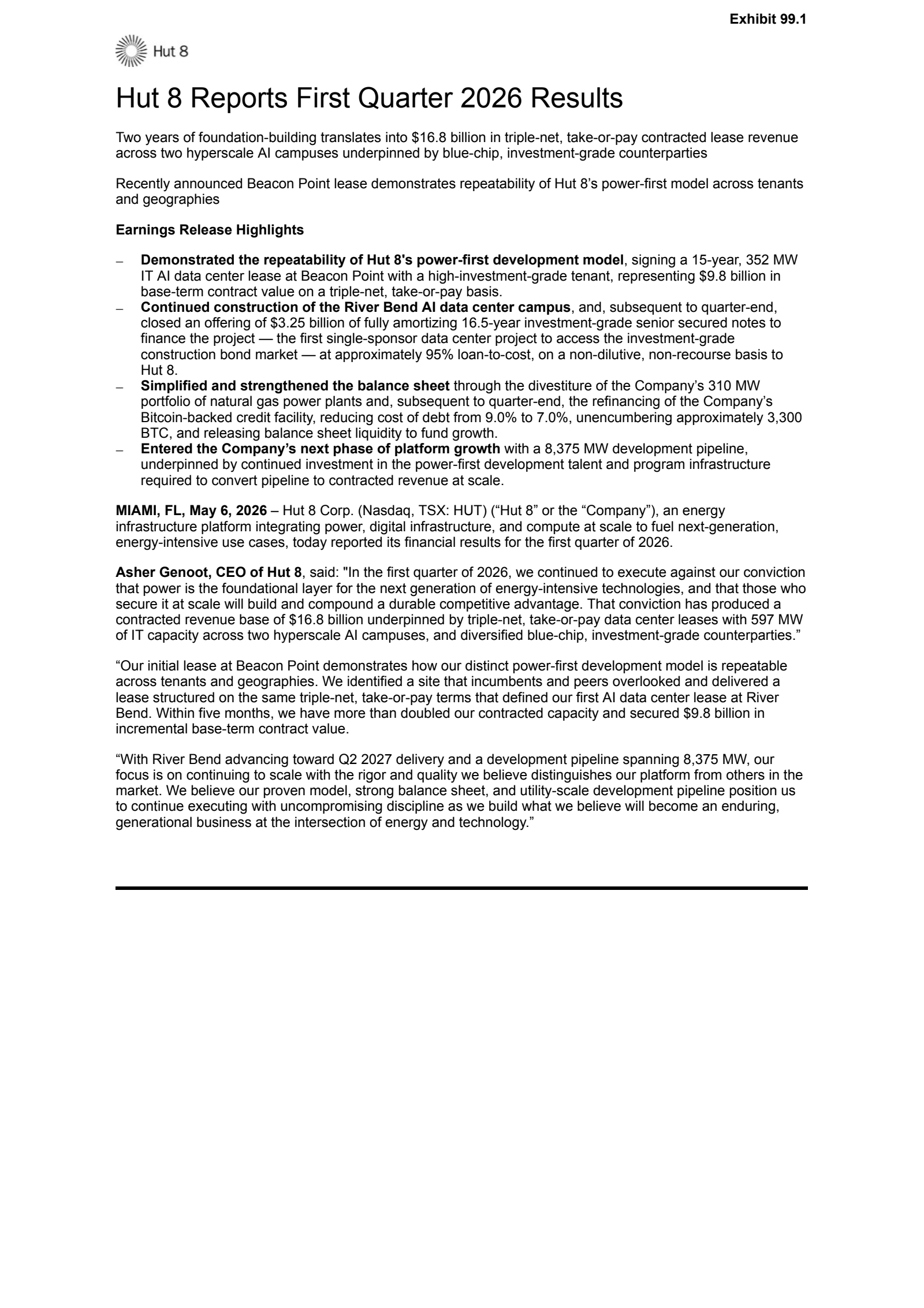 Hut 8's Q1 2026 Press Release