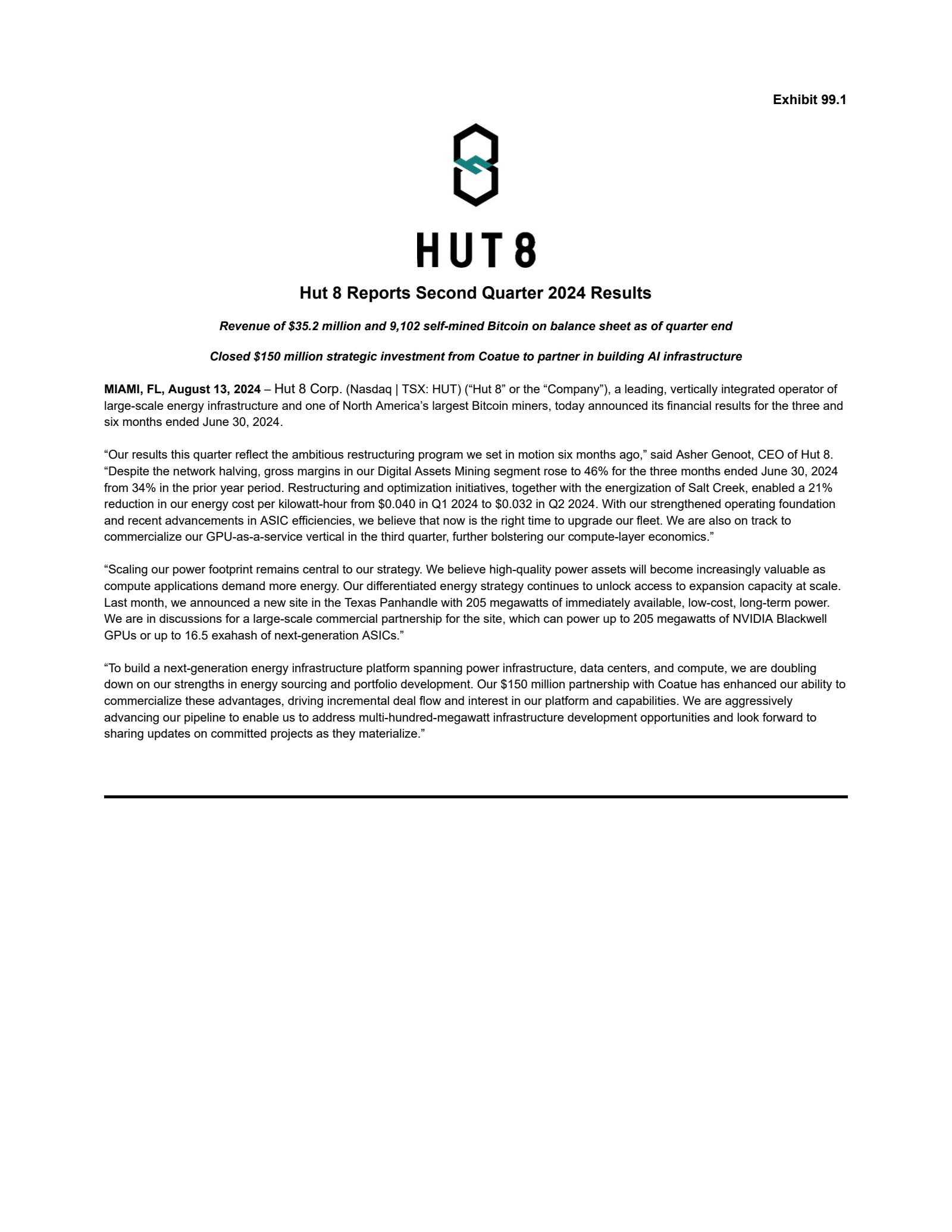 Hut 8's Q2 2024 Earnings Release