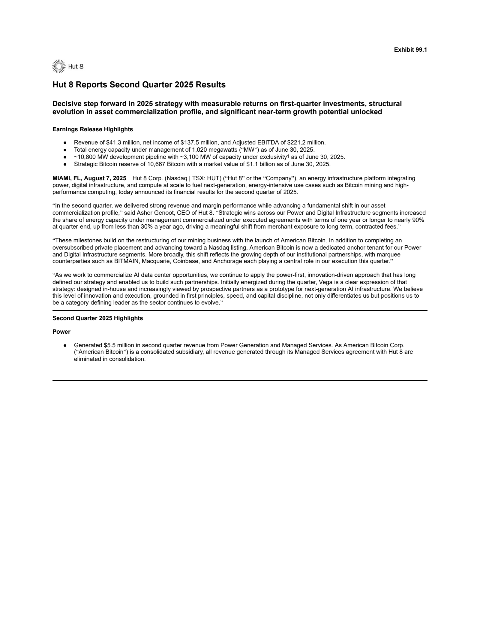 Hut 8's Q2 2025 Press Release