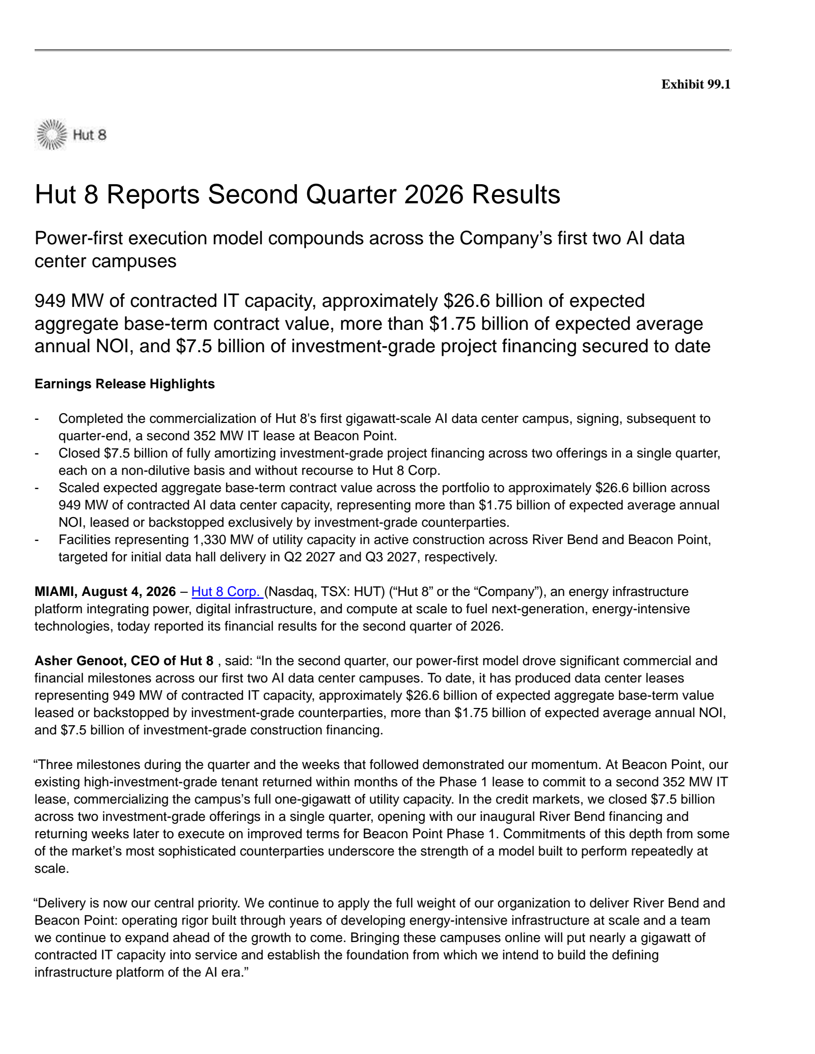Hut 8's Q2 2026 Press Release